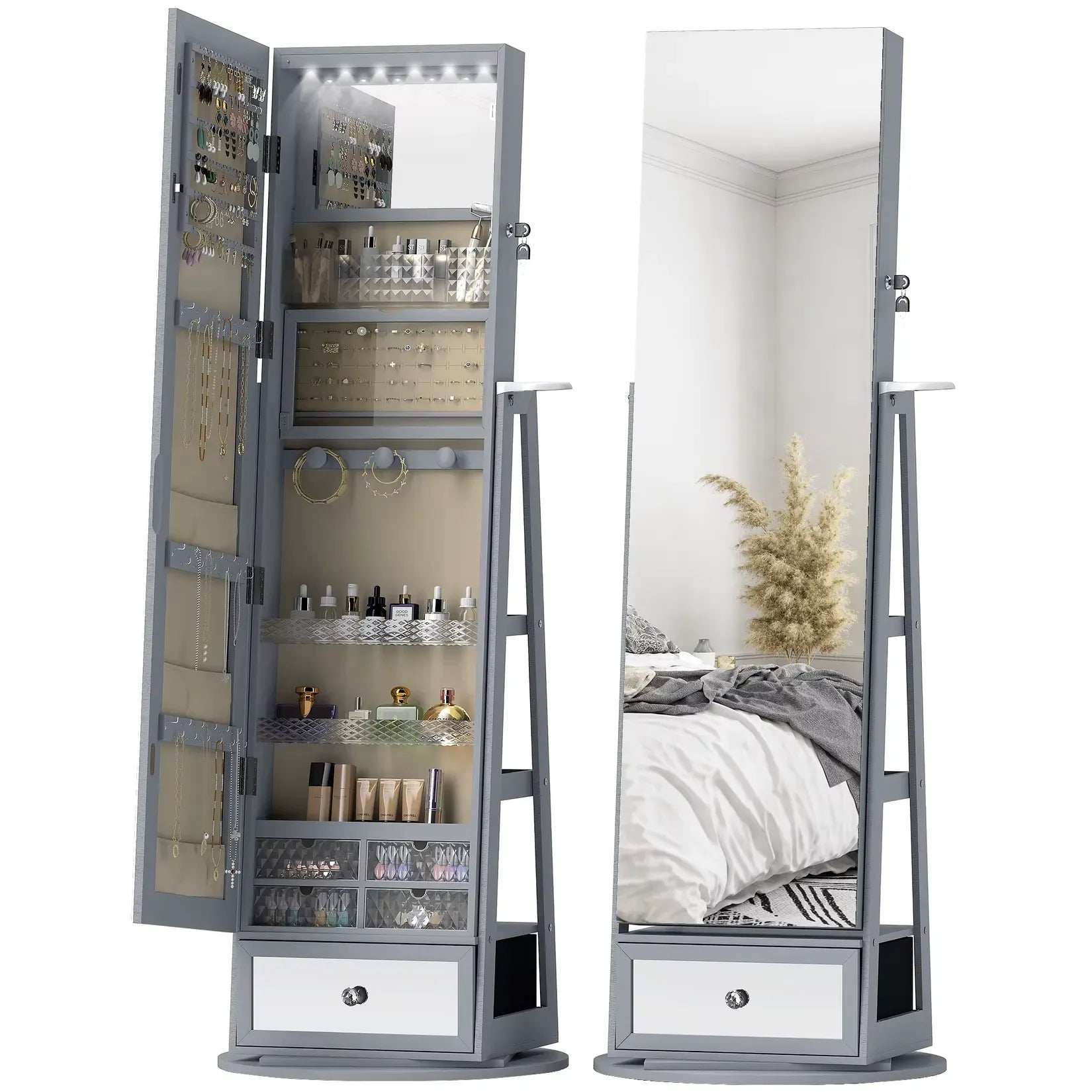 Armoire à Bijoux Miroir sur Pied Gris Ouverte et Fermée.
