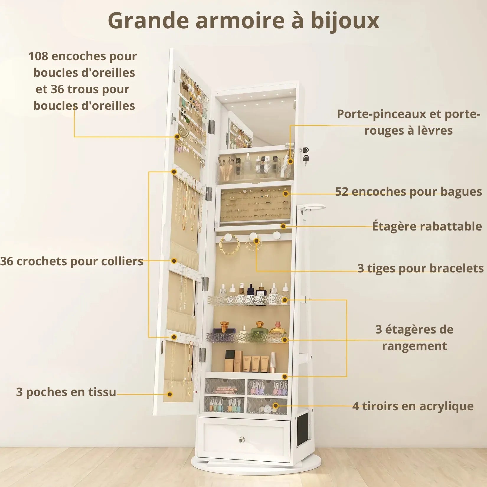 Armoire à Bijoux Miroir sur Pied Rangement Colliers Bagues Boucles d'Oreilles.