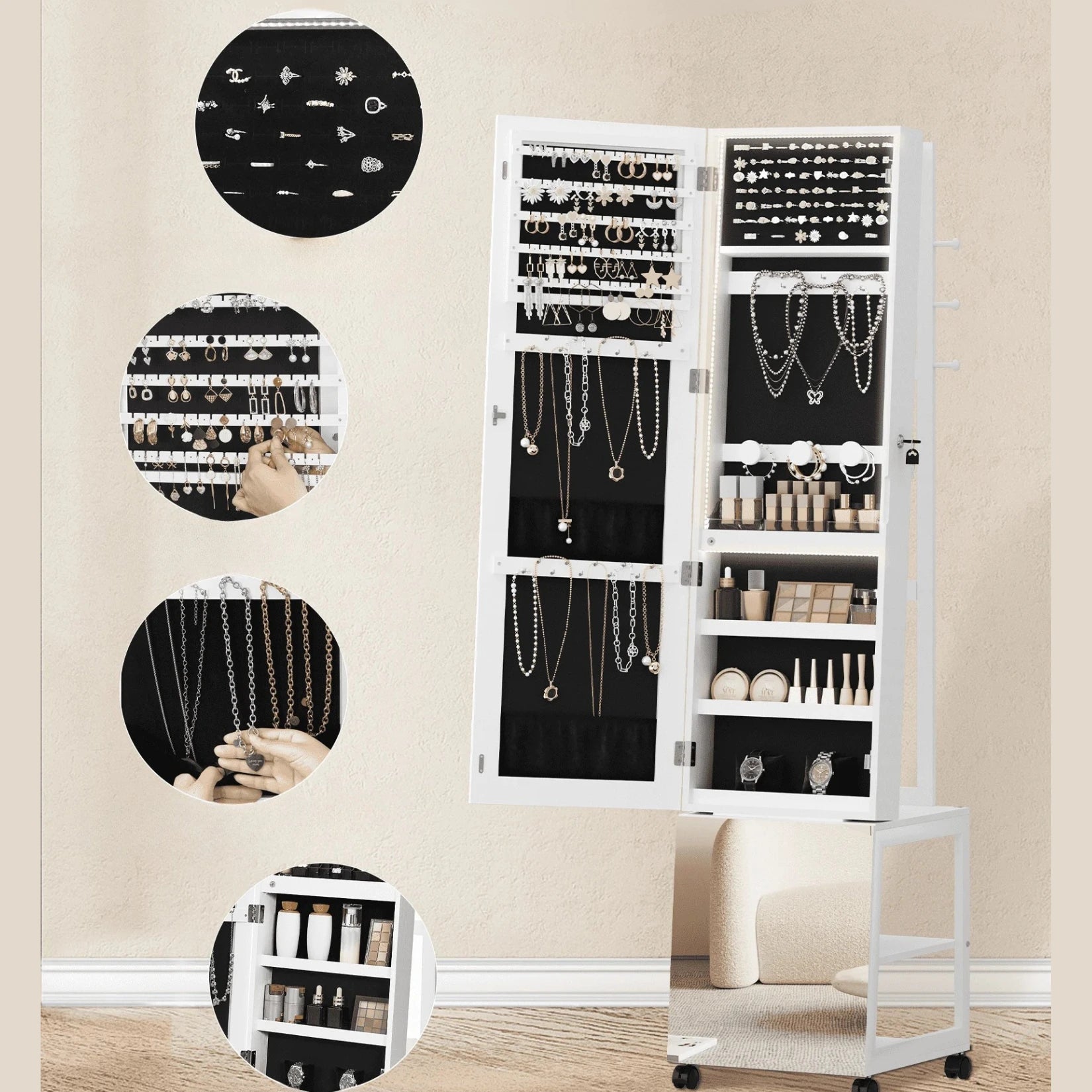 Armoire à Bijoux Miroir sur Pied remplie de bijoux et maquillage bien organisés.