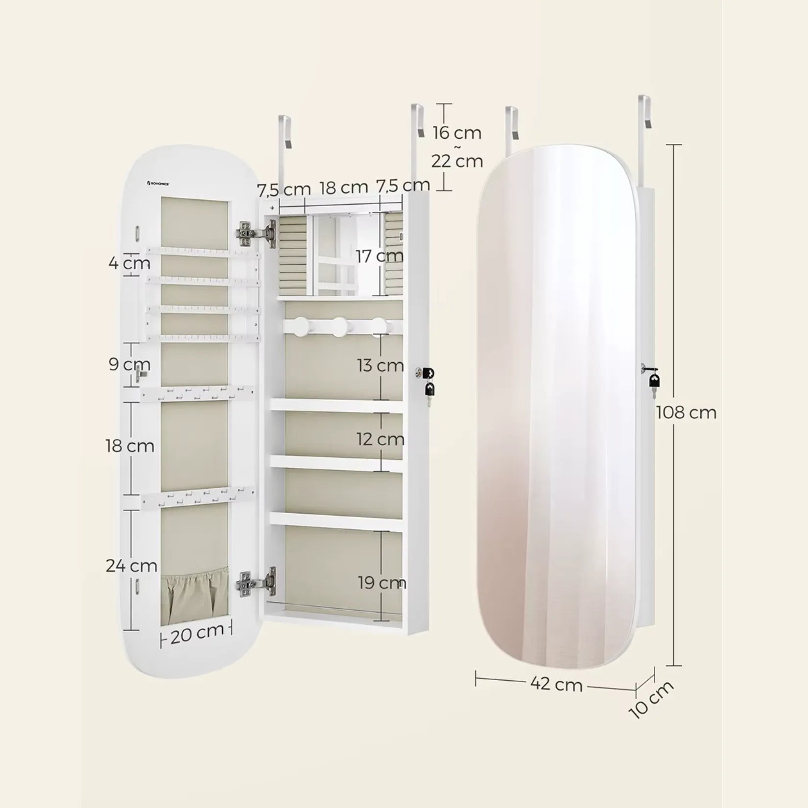 Dimensions détaillées d’une armoire à bijoux murale moderne avec miroir.