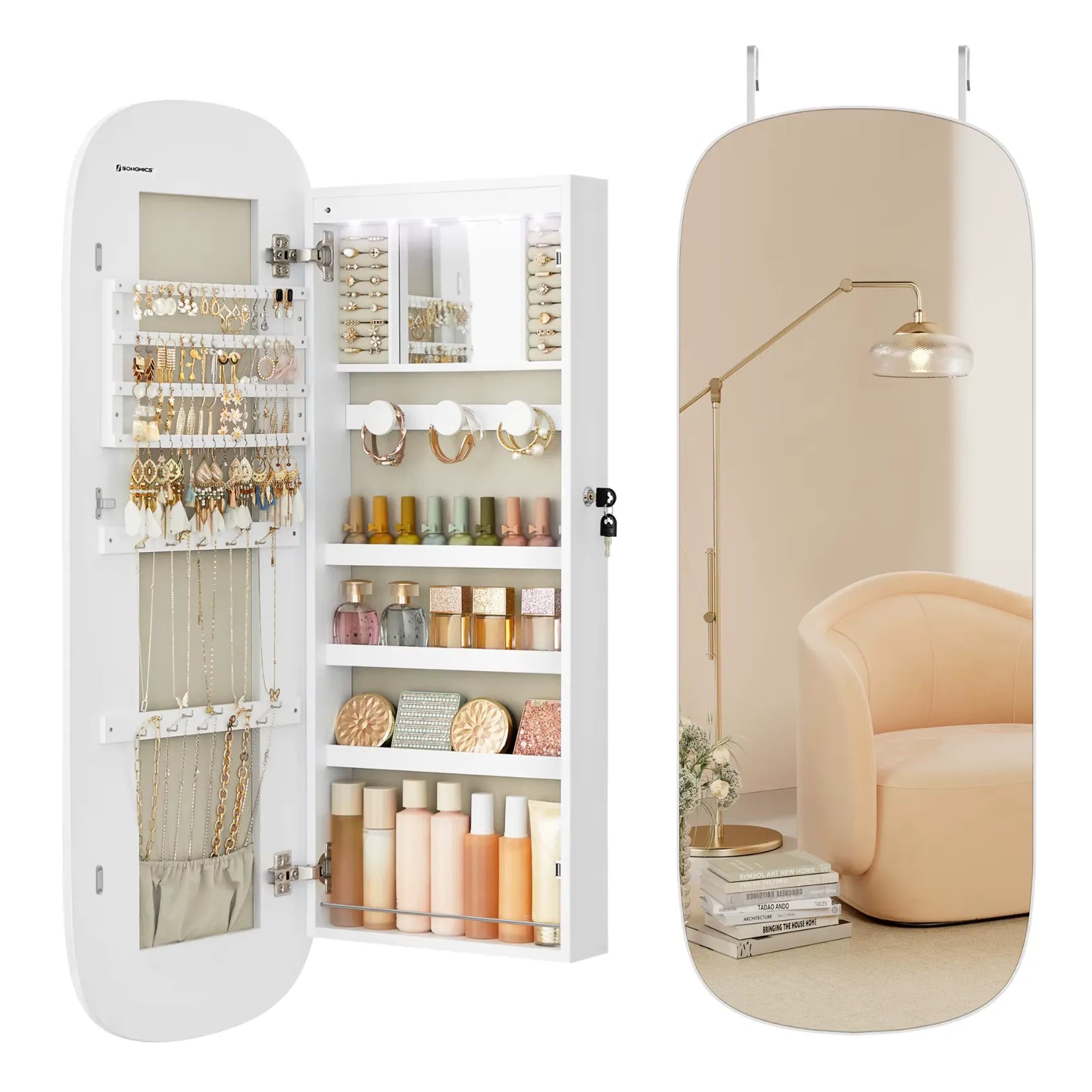 Utilisation quotidienne d’une armoire à bijoux murale par une femme moderne.
