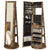 Armoire à bijoux sur pied bois marron ouverte dans une chambre lumineuse avec rideaux blancs.