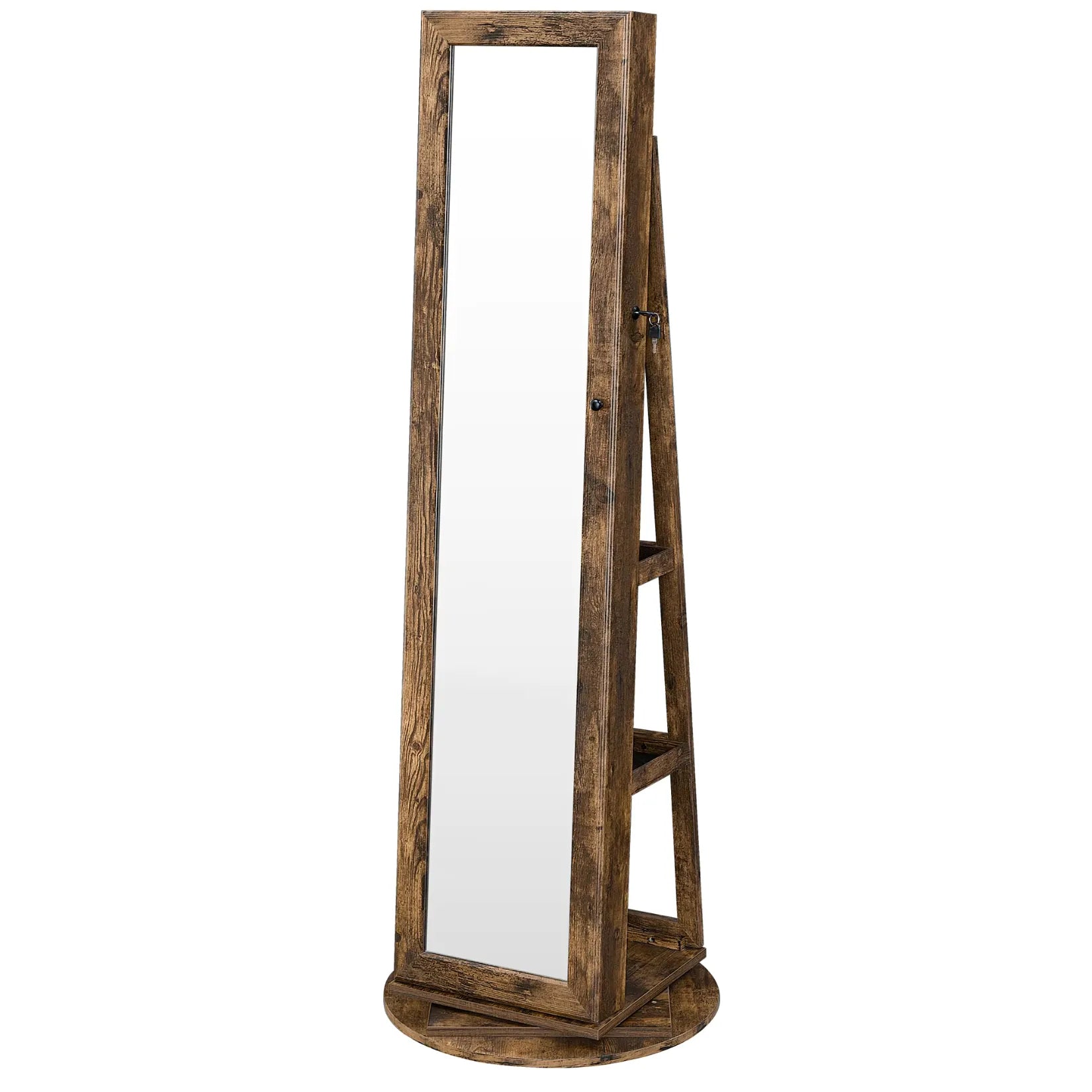 Armoire à bijoux sur pied fermée avec miroir psyché pleine hauteur en bois rustique.