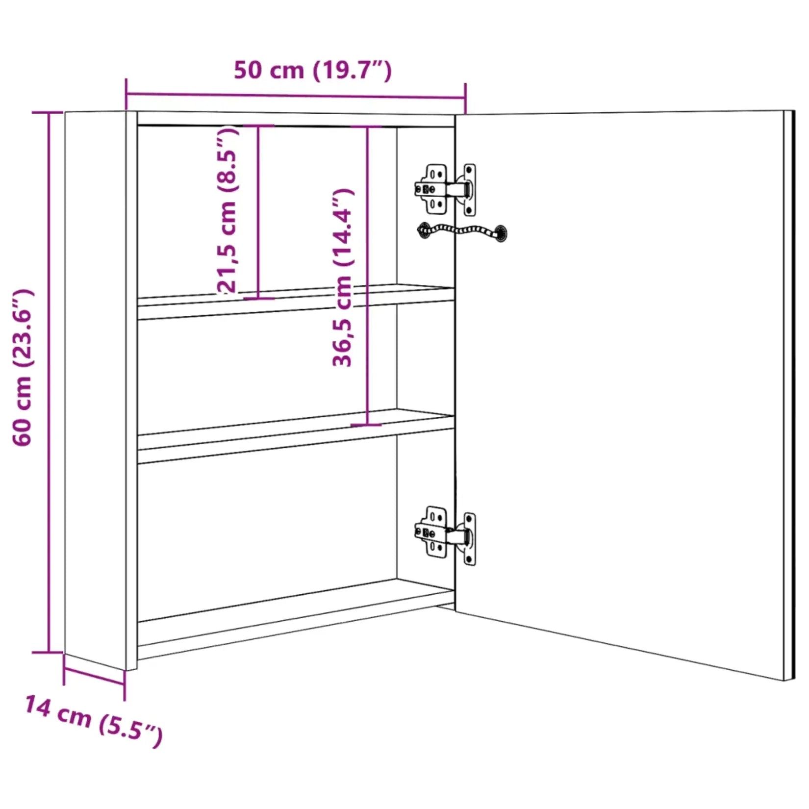 Dimensions intérieures de l'Armoire à Miroir Salle de Bain 50 cm.