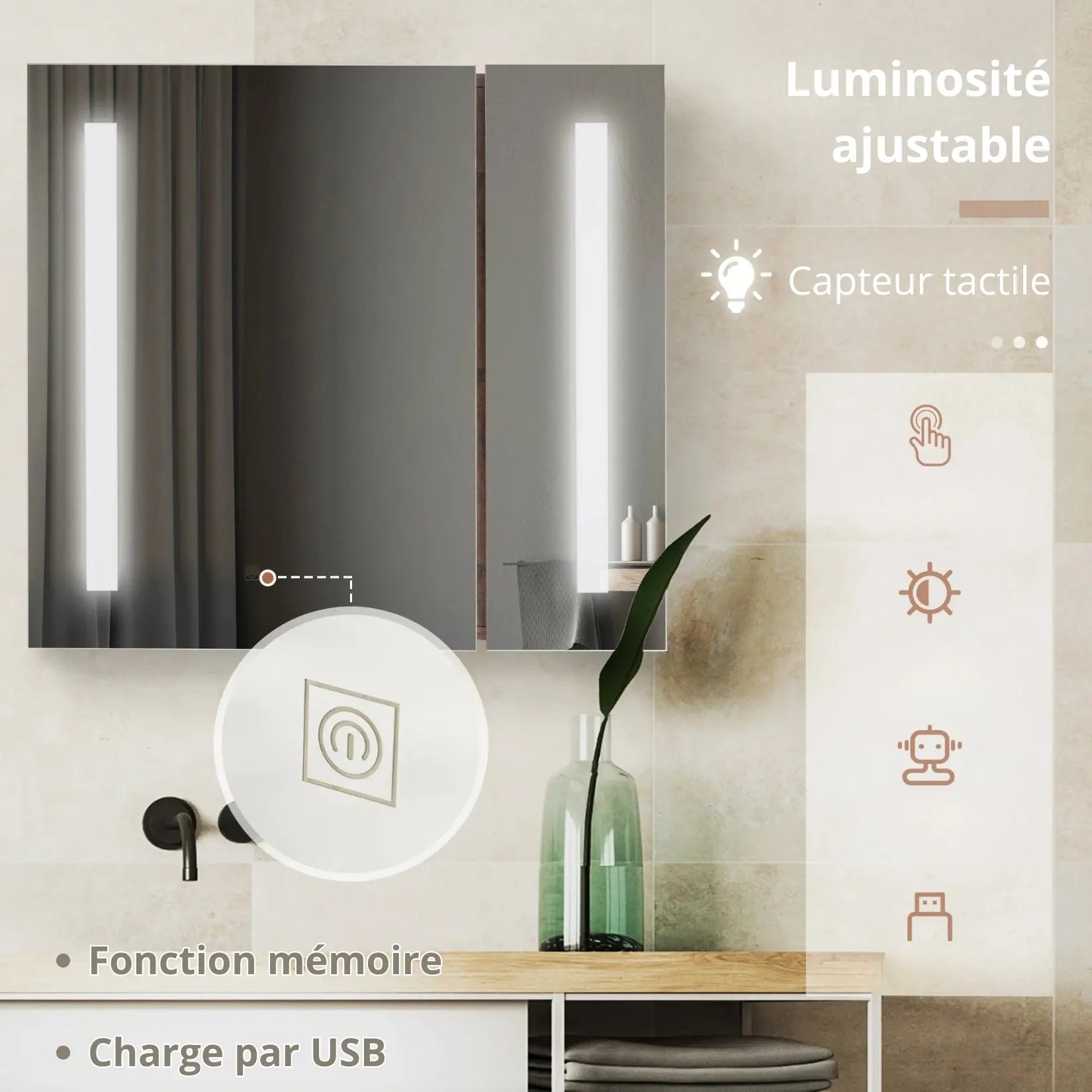 Armoire à miroir salle de bain avec éclairage LED tactile et fonction mémoire, charge USB.