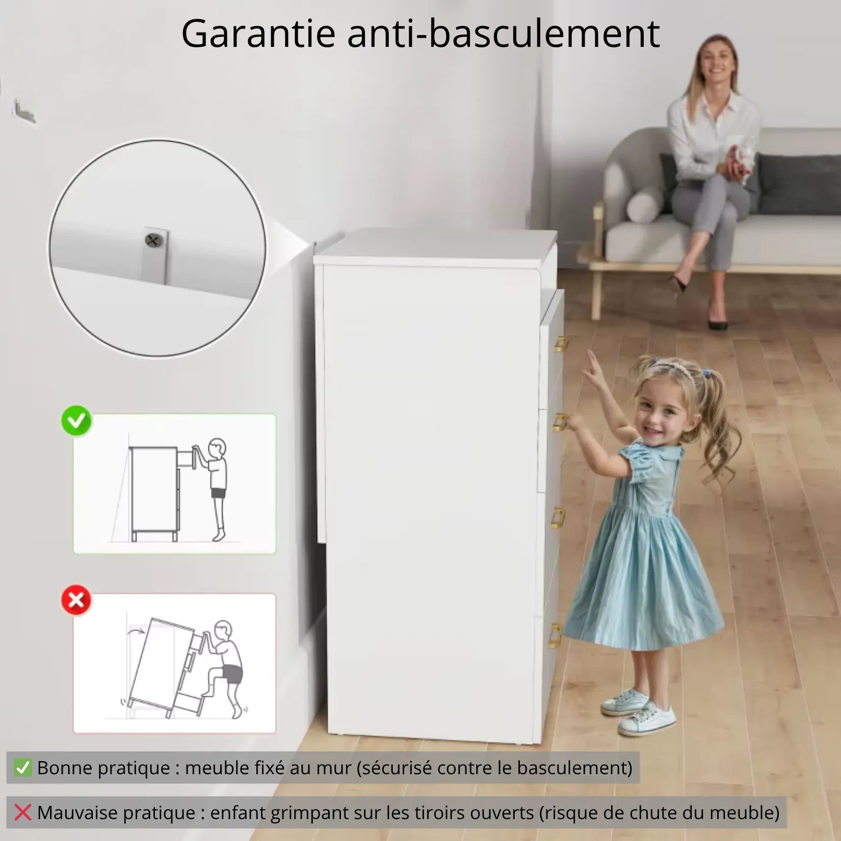 Armoire bijoux coiffeuse avec fixation murale anti-basculement enfant.