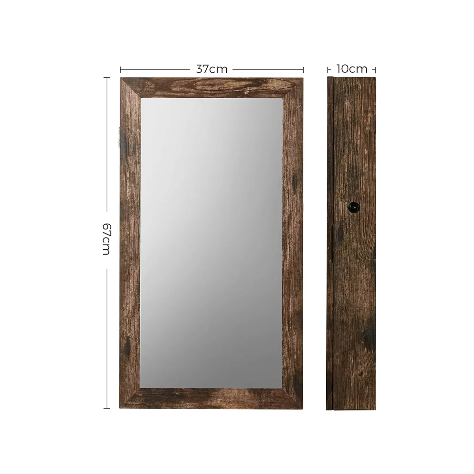 Dimensions de l’armoire à bijoux miroir bois 67x37x10 cm.