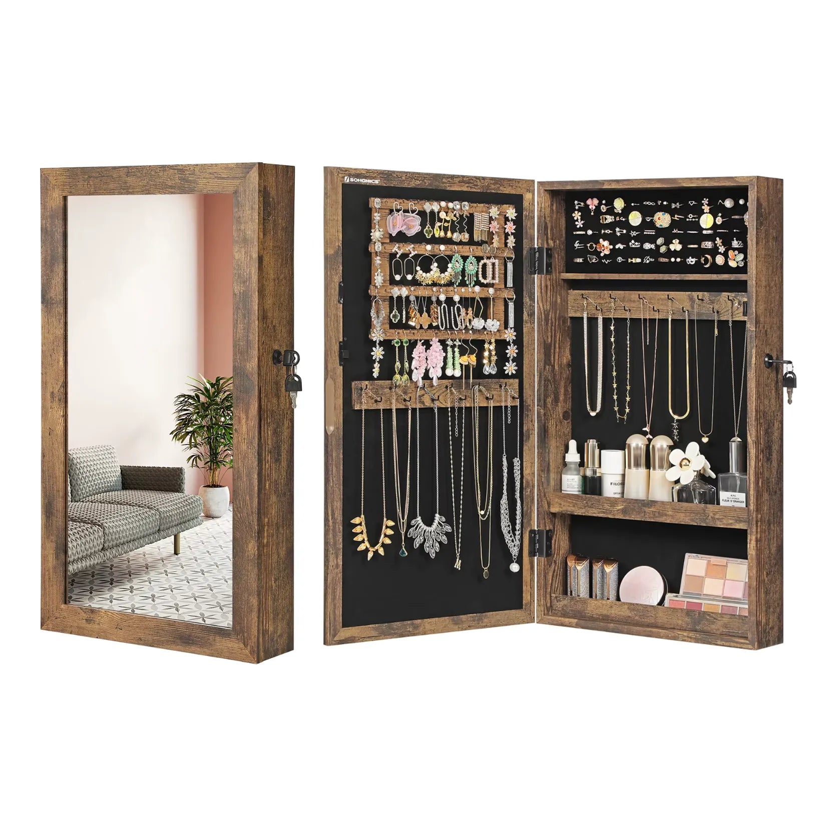 Armoire à bijoux miroir avec deux portes ouvertes et accessoires organisés.