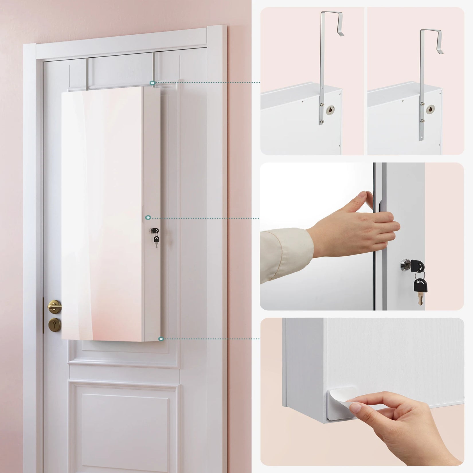 Détail de fixation de l’armoire bijoux miroir mural sur porte et système de fermeture.