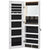 Armoire bijoux miroir mural ouverte avec éclairage LED et rangements visibles.