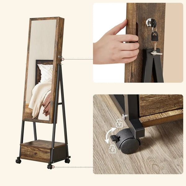 Armoire miroir à bijoux avec zoom sur la serrure et les roulettes pratiques