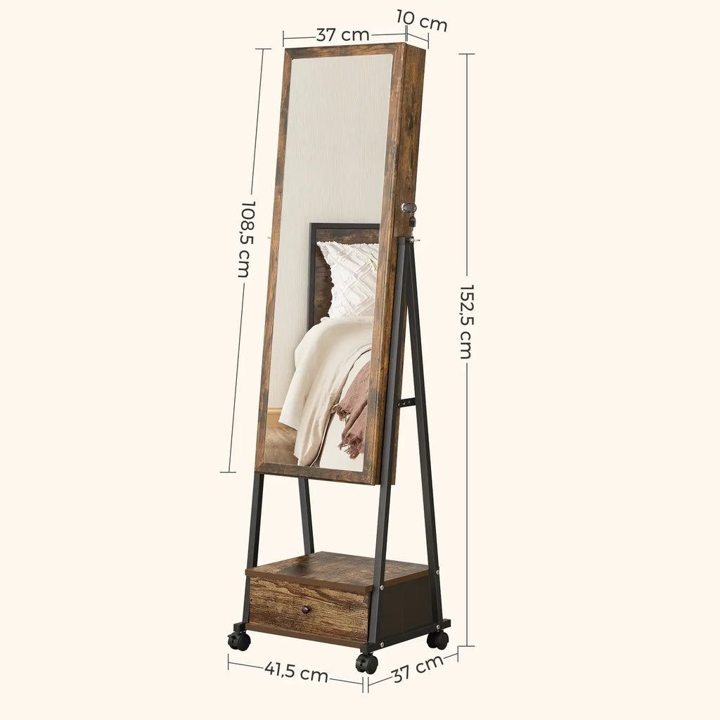 Armoire miroir à bijoux avec vue des dimensions détaillées