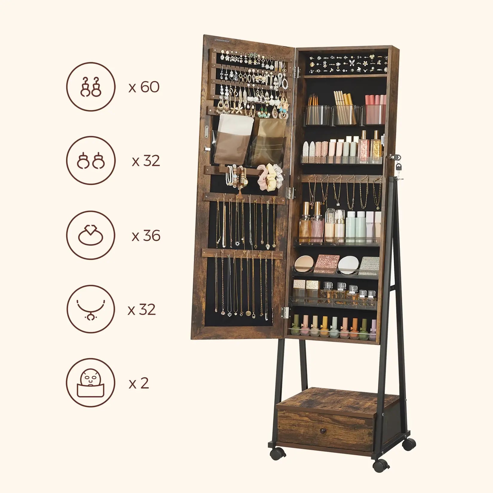 Intérieur spacieux d’une armoire miroir à bijoux avec multiples rangements