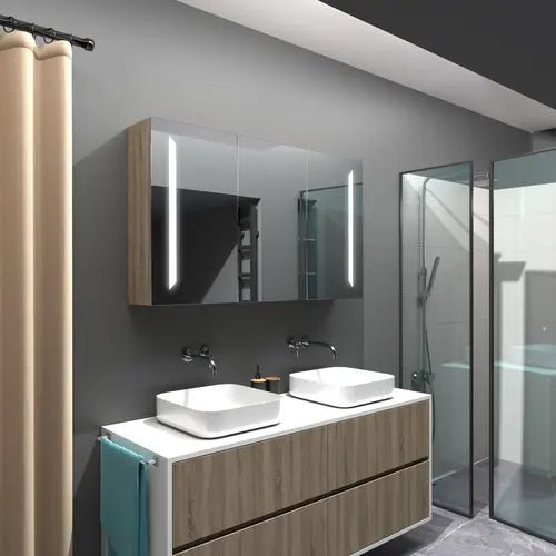 Armoire miroir lumineux en noir 120x70 pour salle de bain avec double vasque et LED