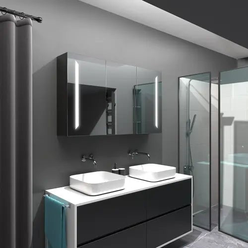 Armoire miroir lumineux en noir 120x70 pour salle de bain avec double vasque et LED