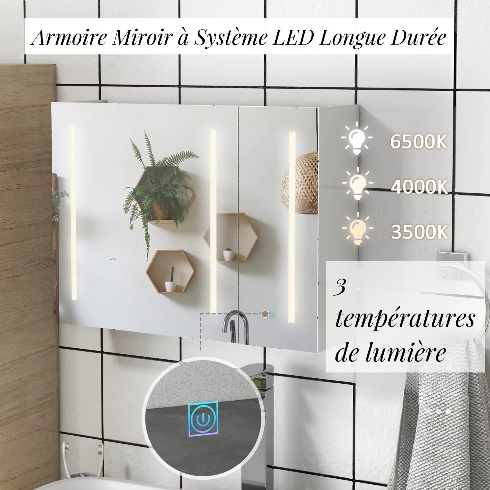 Armoire Miroir Pour Salle de Bain avec 3 Températures de Lumière LED.