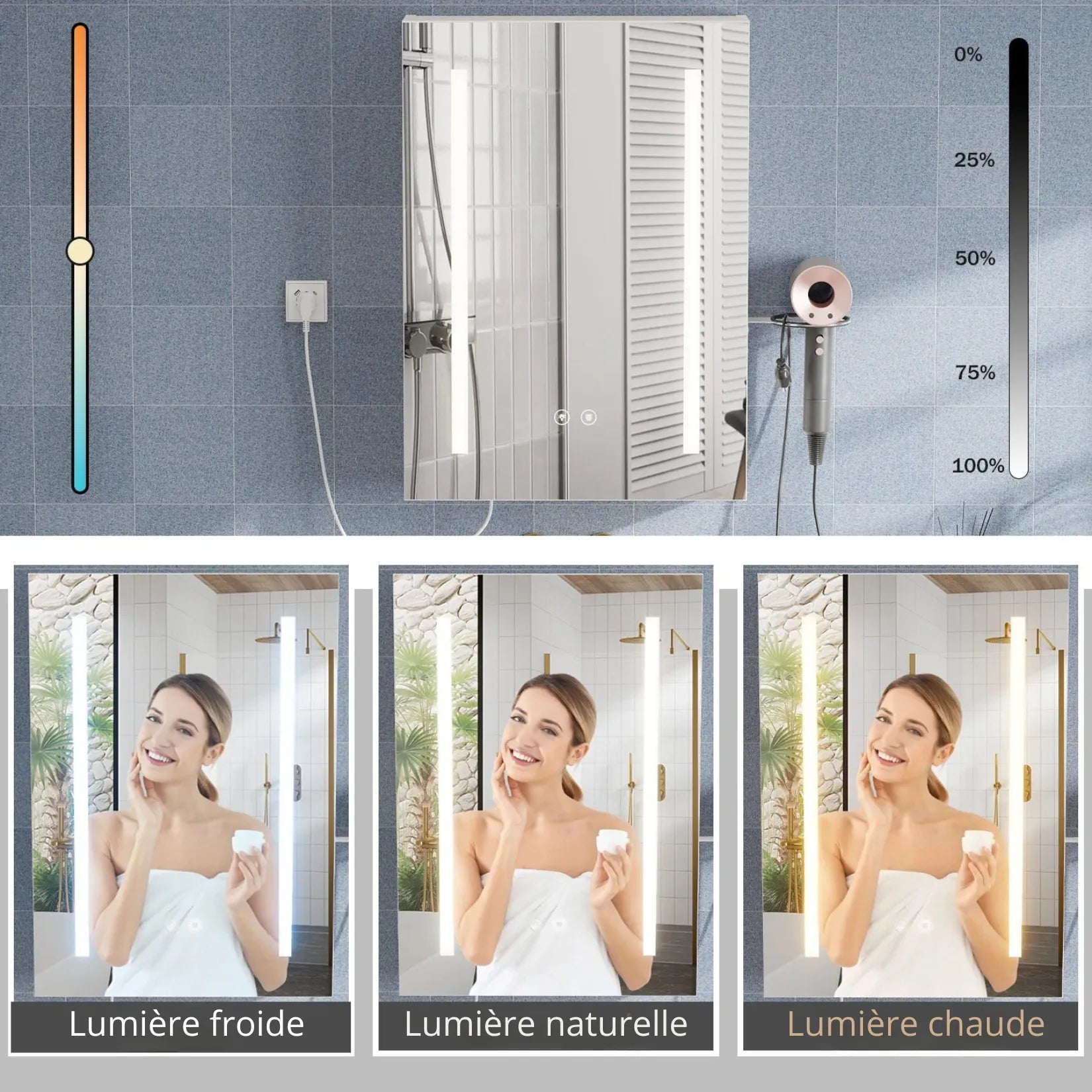 Armoire miroir salle de bain 3 températures de lumière LED.