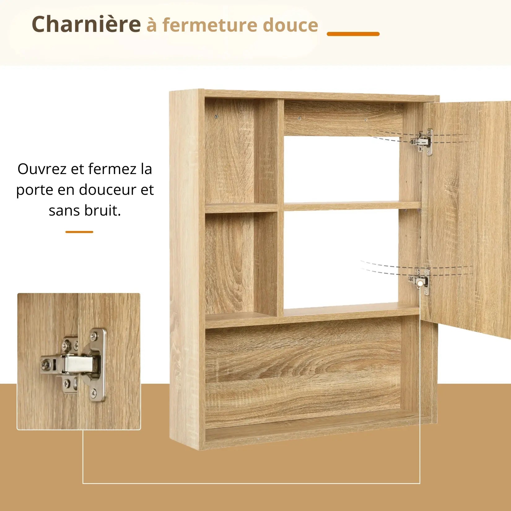 Armoire miroir salle de bain 60 cm équipée de charnières métalliques à fermeture douce et silencieuse.