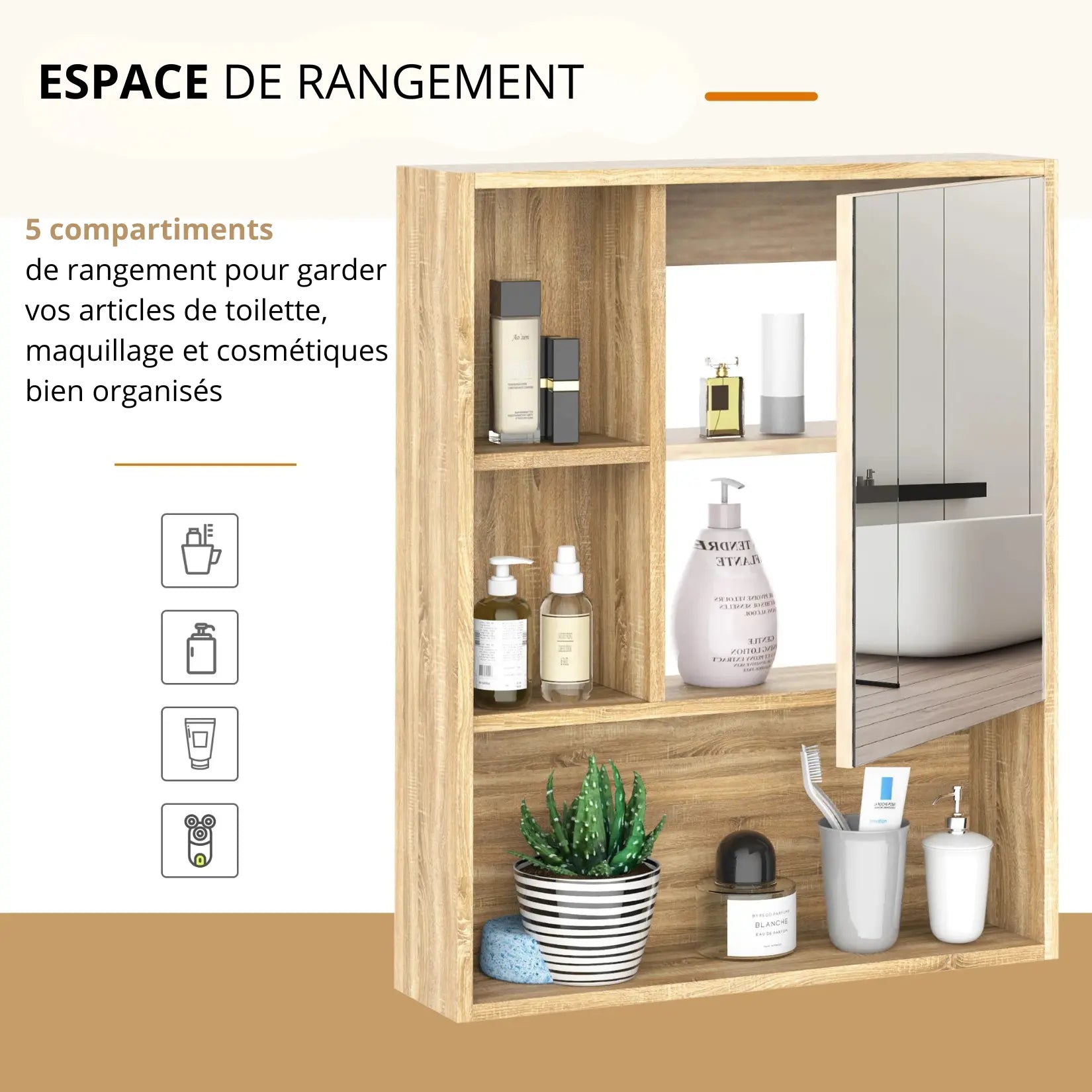 Armoire miroir salle de bain 60 cm avec cinq compartiments de rangement pour cosmétiques et toilette.