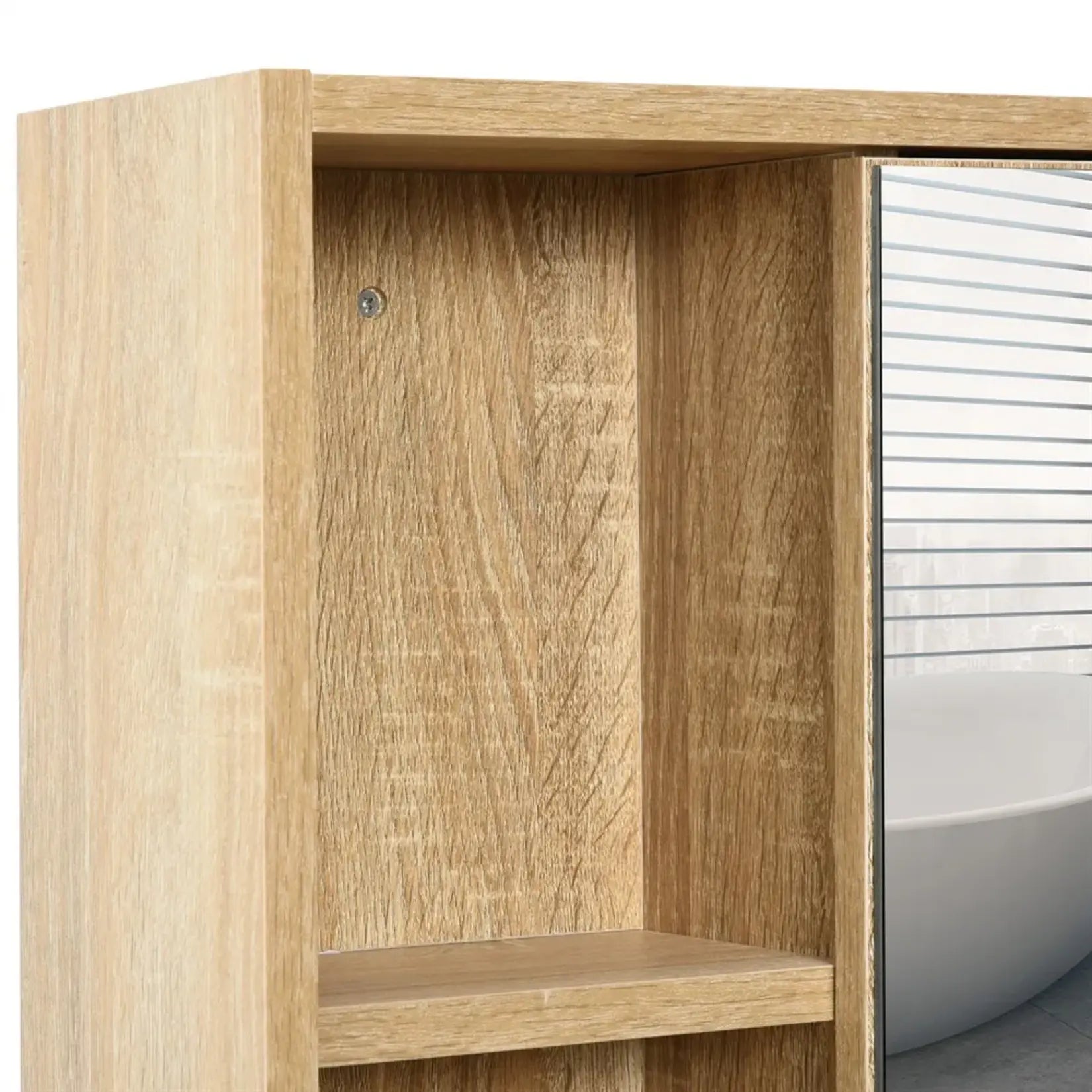 Armoire miroir salle de bain 60 cm détail compartiment intérieur panneau mélaminé effet chêne.