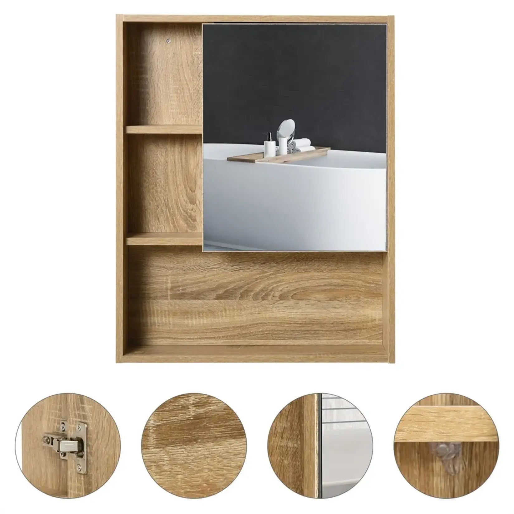 Armoire miroir salle de bain 60 cm détails finition chêne clair charnières et matériaux de qualité.