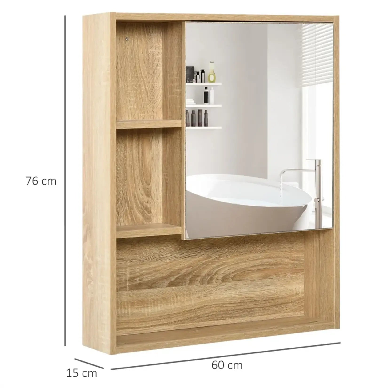 Armoire miroir salle de bain 60 cm dimensions complètes 60x76x15 cm avec schéma technique détaillé.