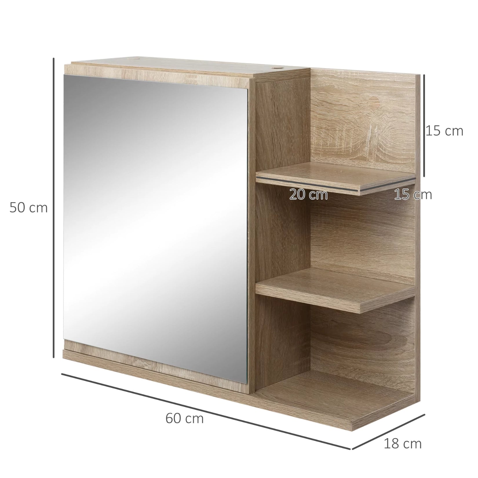 Dimensions de l’armoire miroir salle de bain 60 cm : hauteur 50 cm, profondeur 18 cm, large miroir