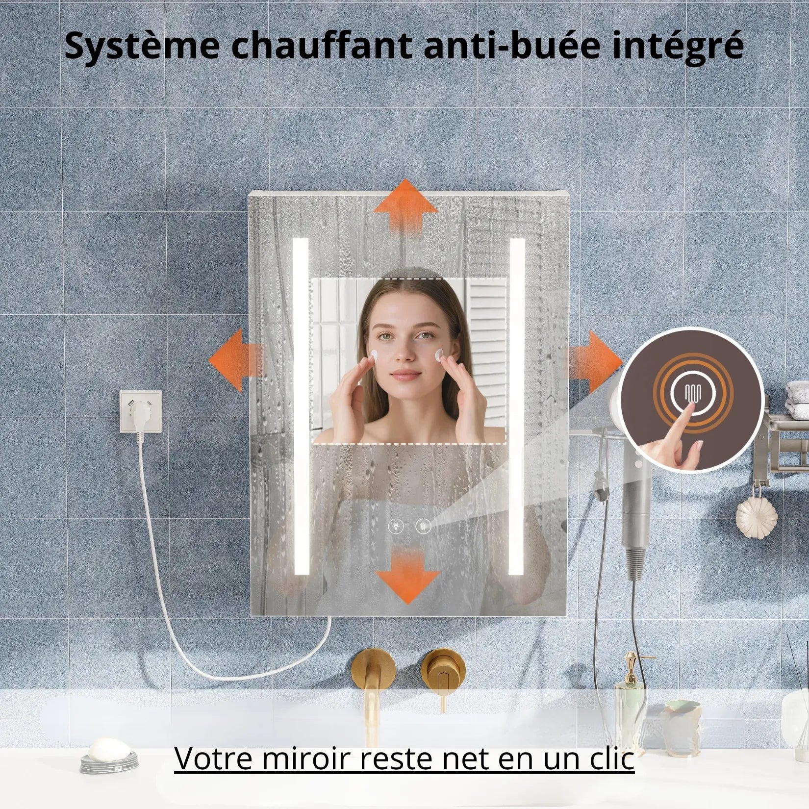 Armoire miroir salle de bain LED 60 cm avec fonction anti-buée.