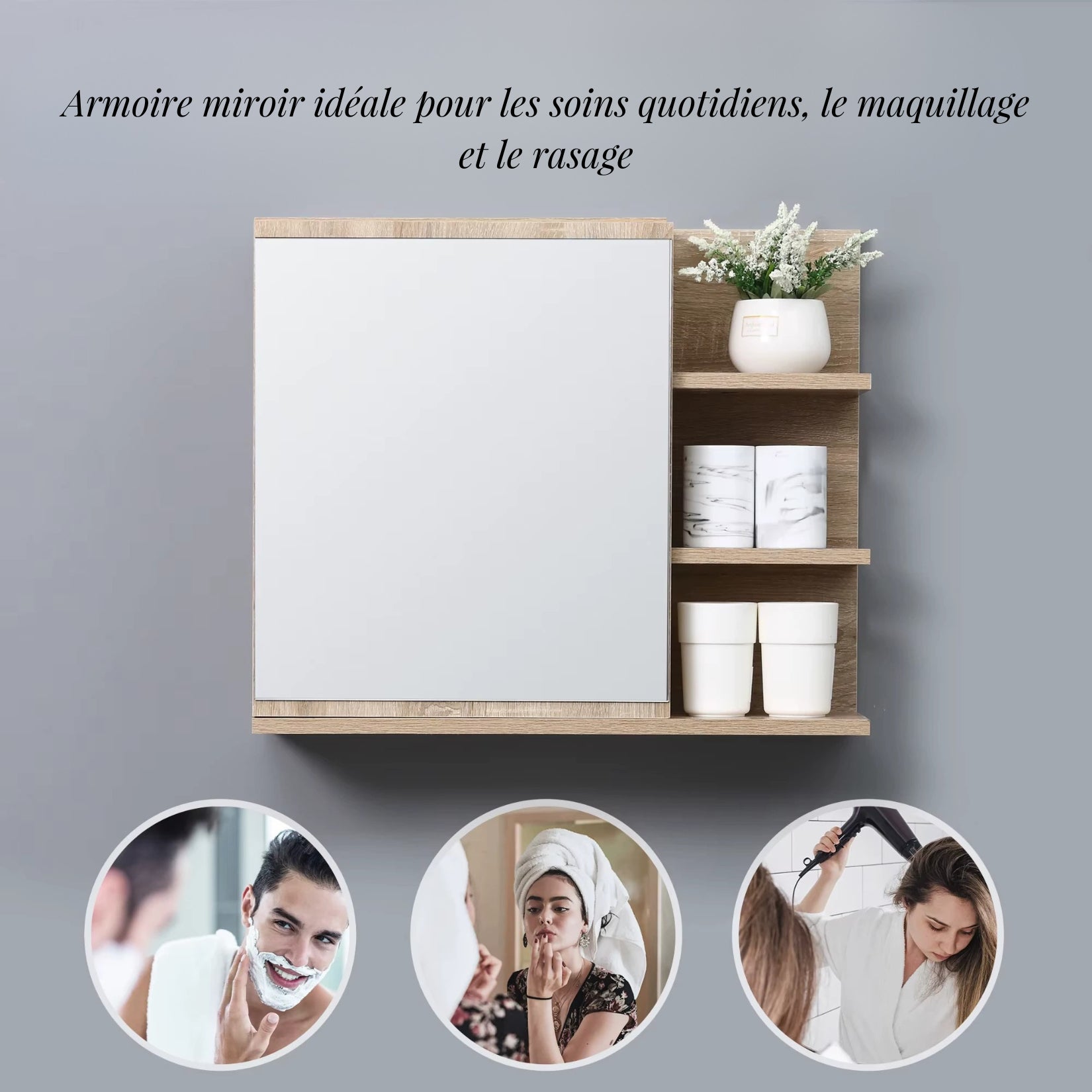 Armoire miroir salle de bain 60 cm avec rangement optimisé et étagères ouvertes pour accessoires
