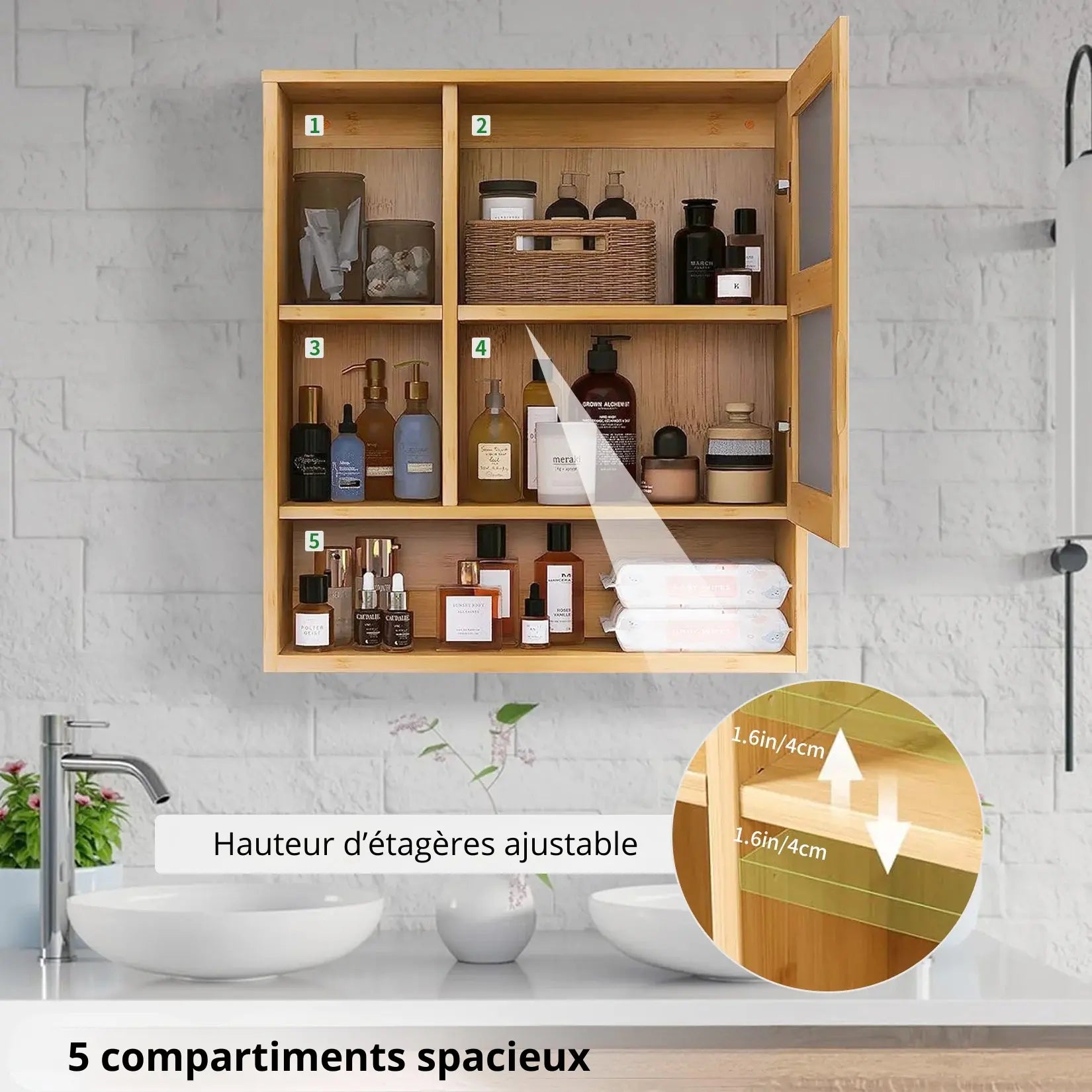 Armoire miroir salle de bain bambou avec 5 compartiments spacieux et hauteur ajustable 4 cm.