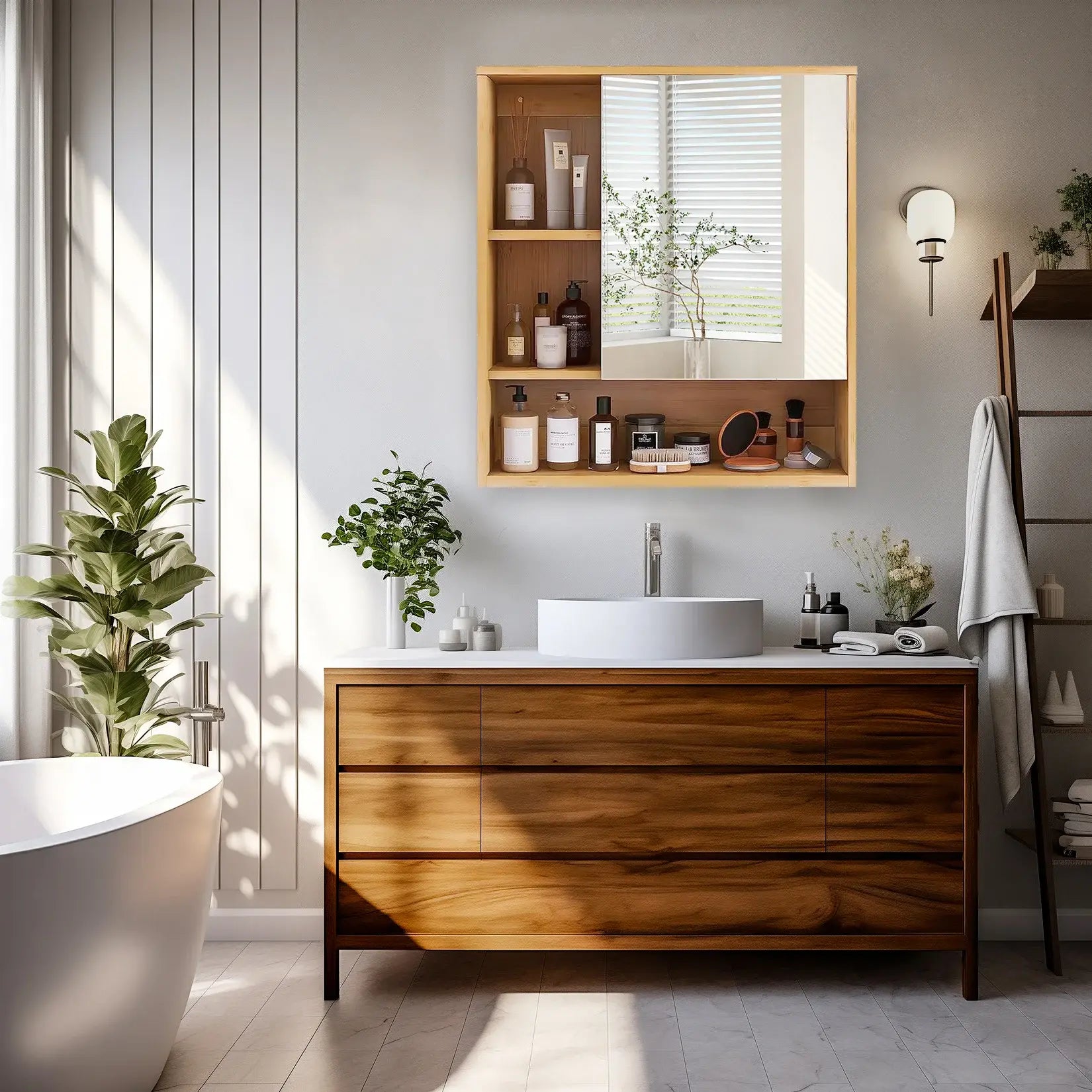 Armoire miroir salle de bain bambou dans ambiance contemporaine avec meuble vasque bois.