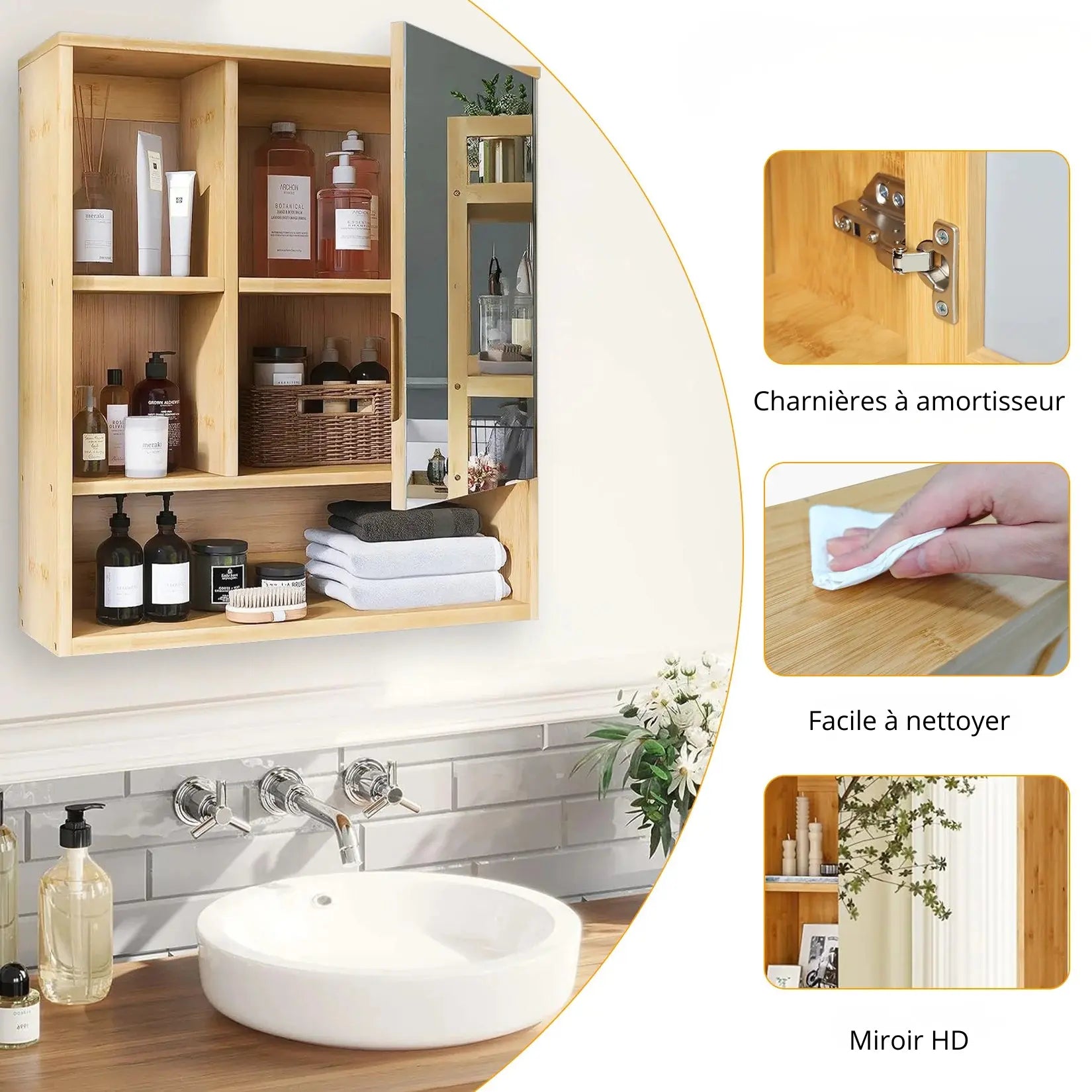 Armoire miroir bambou avec charnières à amortisseur et surface facile à nettoyer.