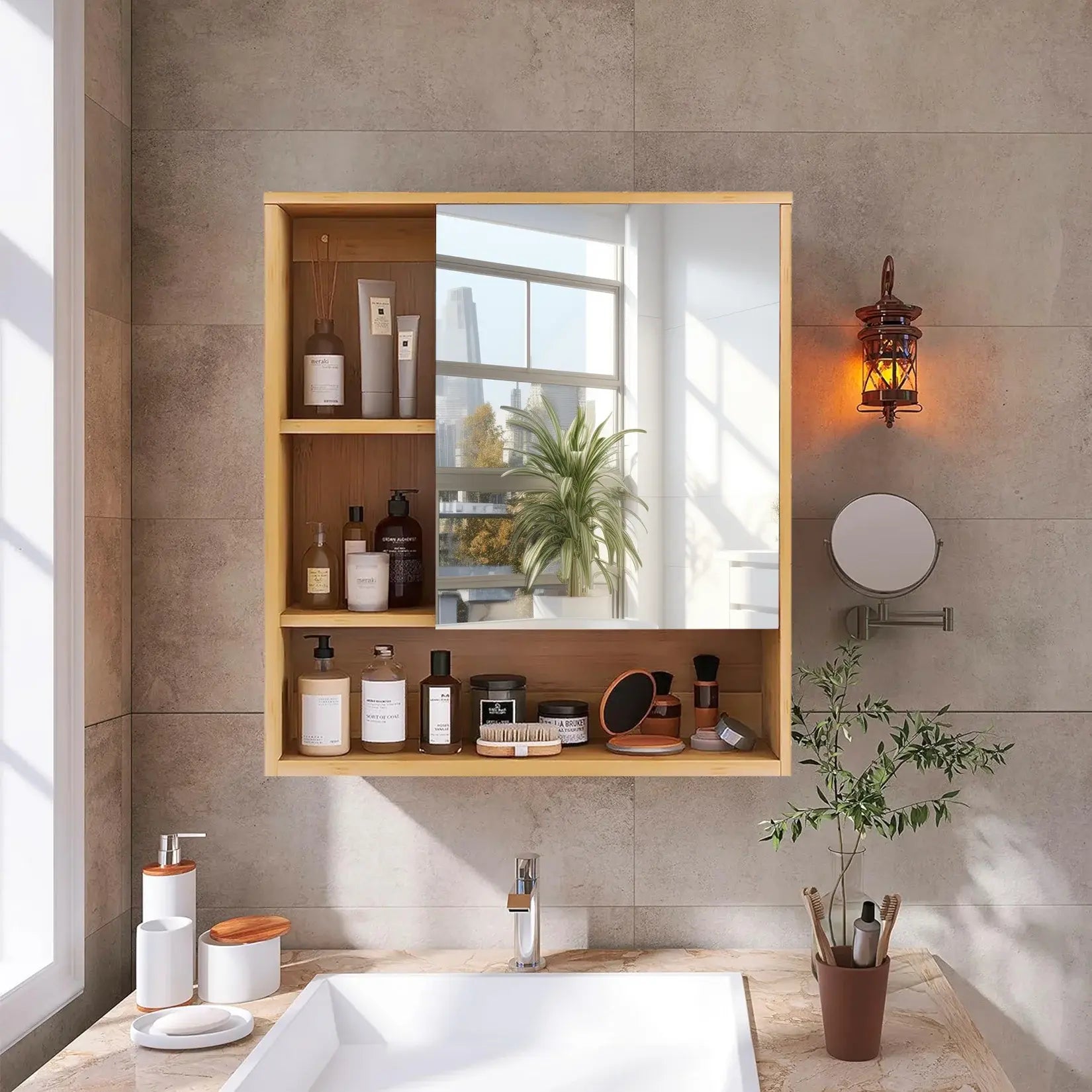Armoire miroir salle de bain bambou naturel installée au-dessus du lavabo avec étagères ouvertes.