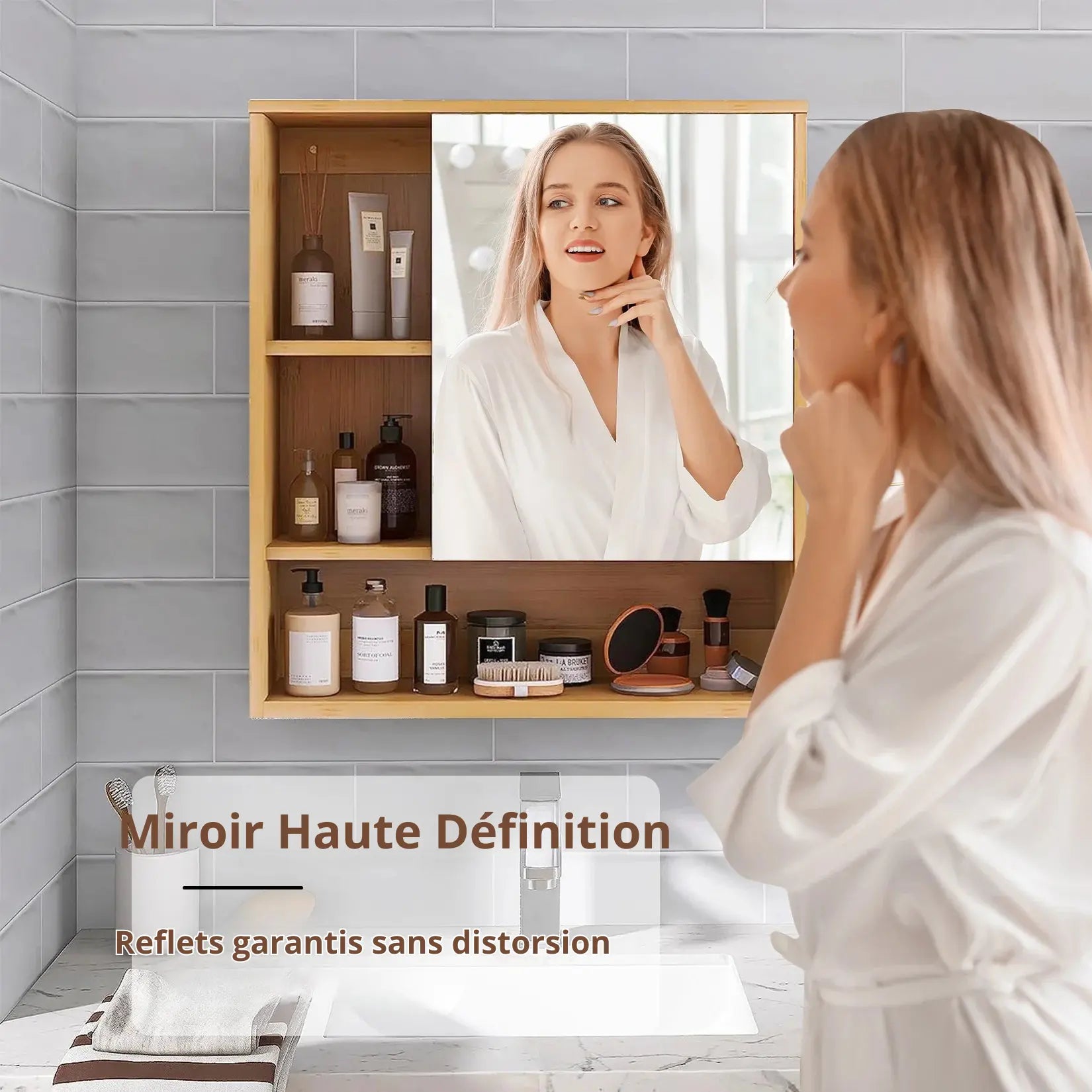 Armoire miroir salle de bain bambou avec miroir haute définition 35 x 47 cm.