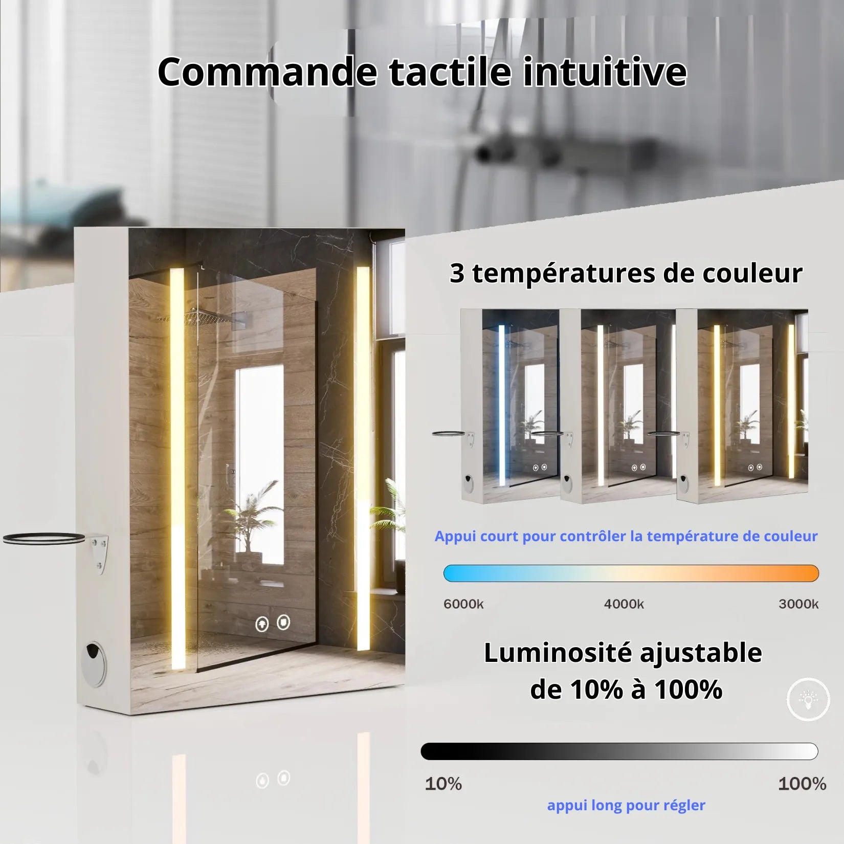 Armoire miroir salle de bain commande tactile et LED réglable.