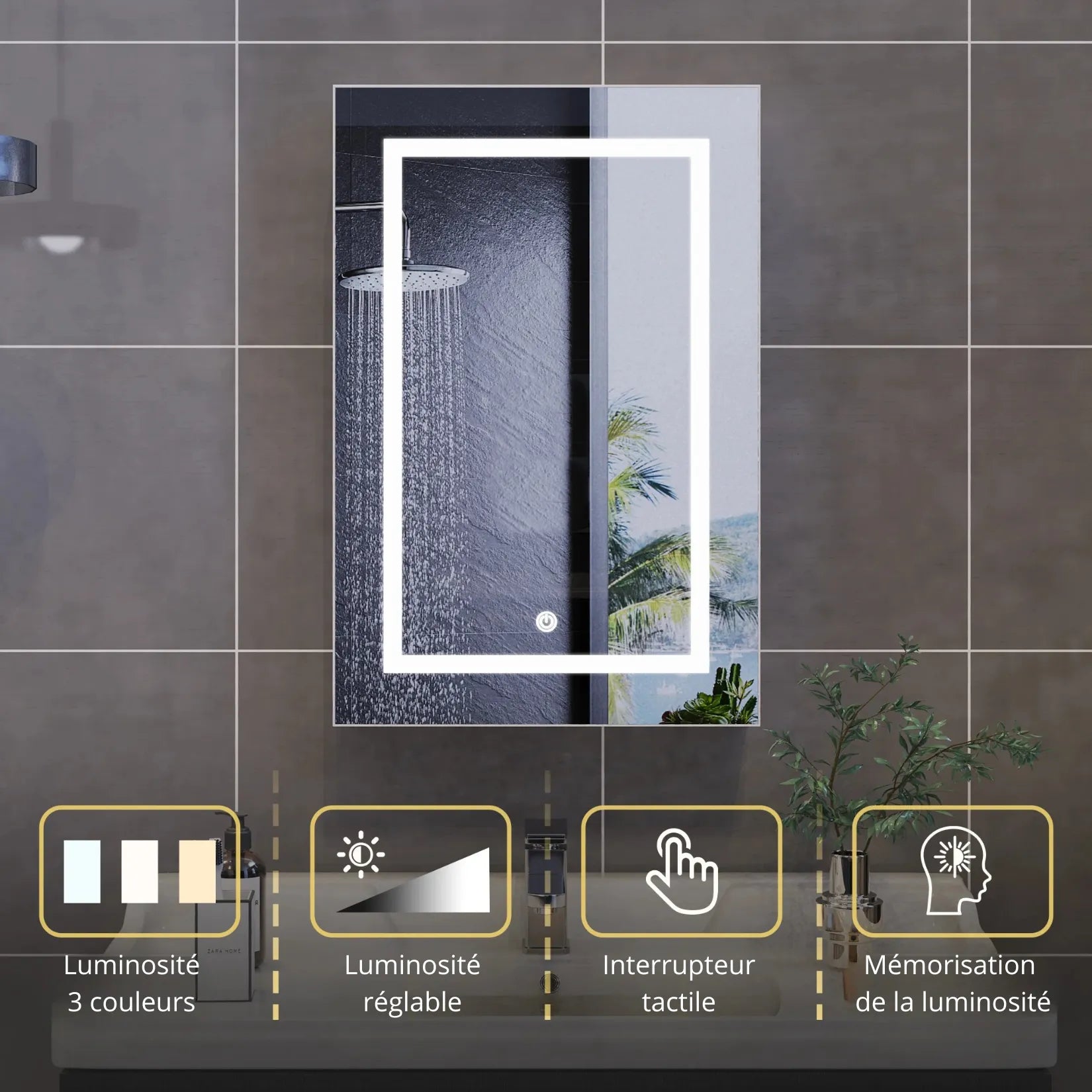 Armoire à Miroir Salle de Bain LED 50×70 cm blanc – vue de face éclairage allumé.