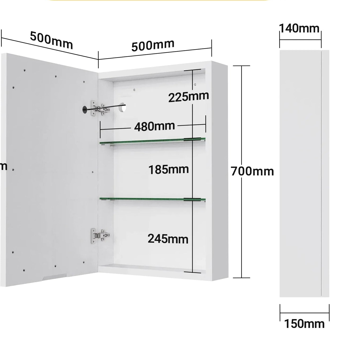 Armoire à Miroir Salle de Bain LED – dimensions 50x70 cm étagères 48 cm largeur intérieure.