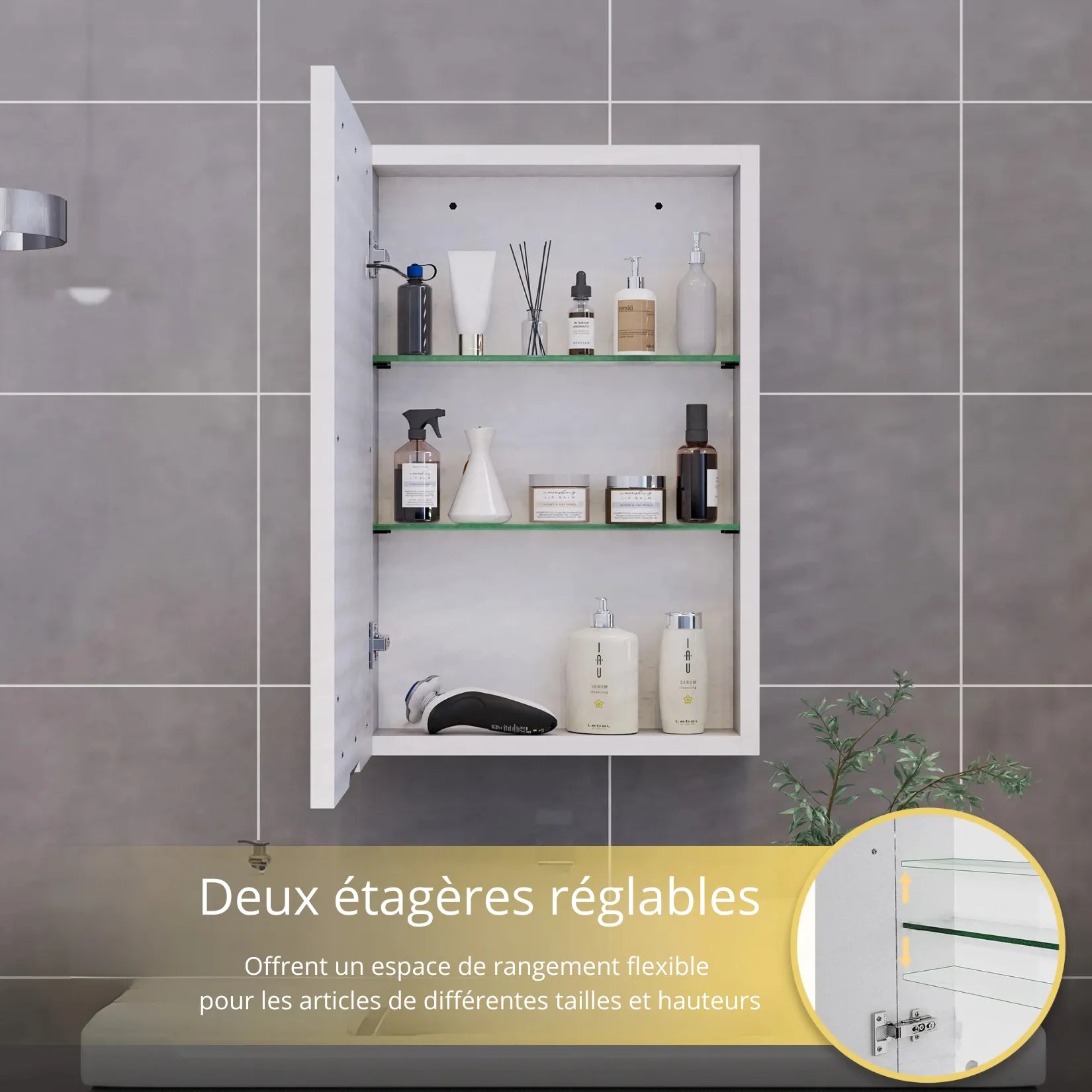 Armoire Miroir Salle de Bain LED – intérieur 2 étagères verre réglables rangement cosmétiques.
