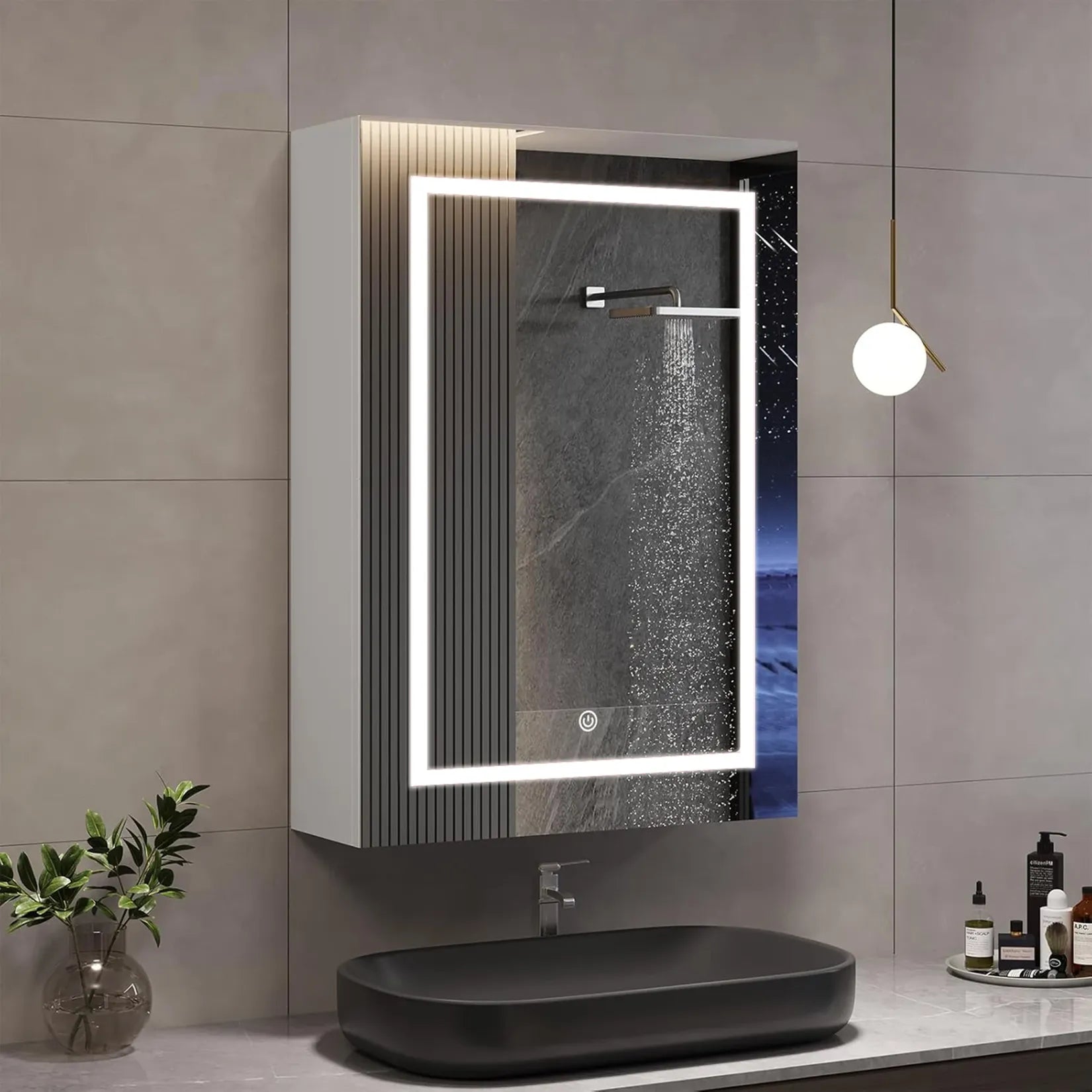 Armoire à Miroir Salle de Bain LED 50×70 cm installée au-dessus vasque salle de bain moderne.