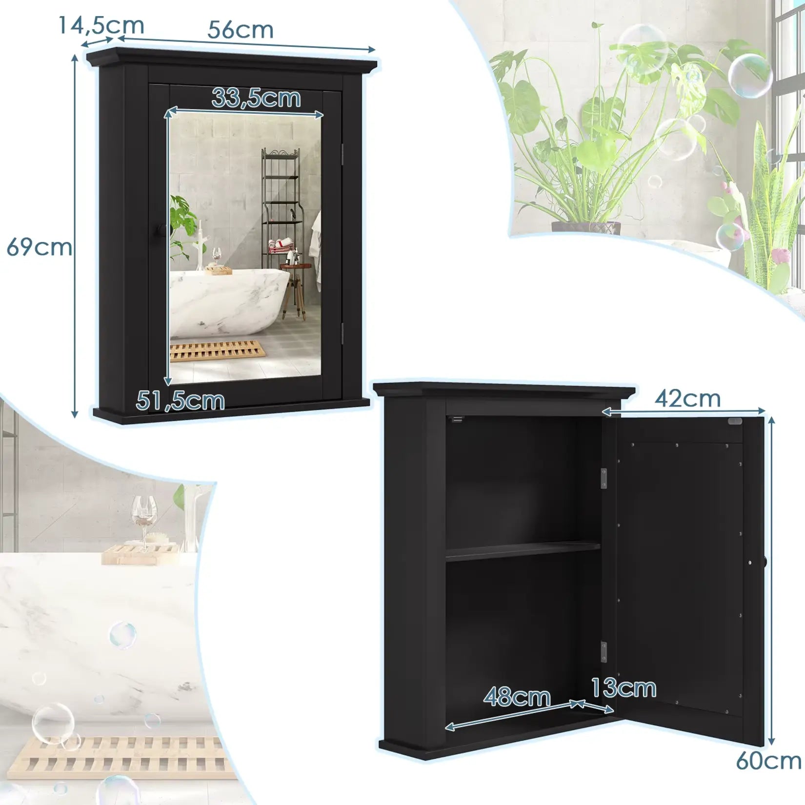 Dimensions de l'Armoire Miroir Salle de Bain Murale 56 cm en MDF noir.