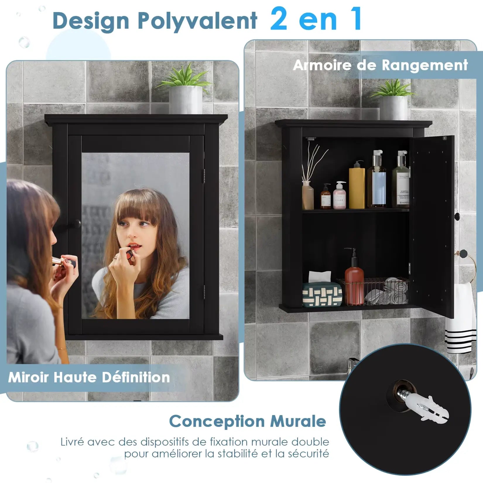 Fonction 2 en 1 de l'Armoire Miroir Salle de Bain Murale 56 cm avec espace de rangement.