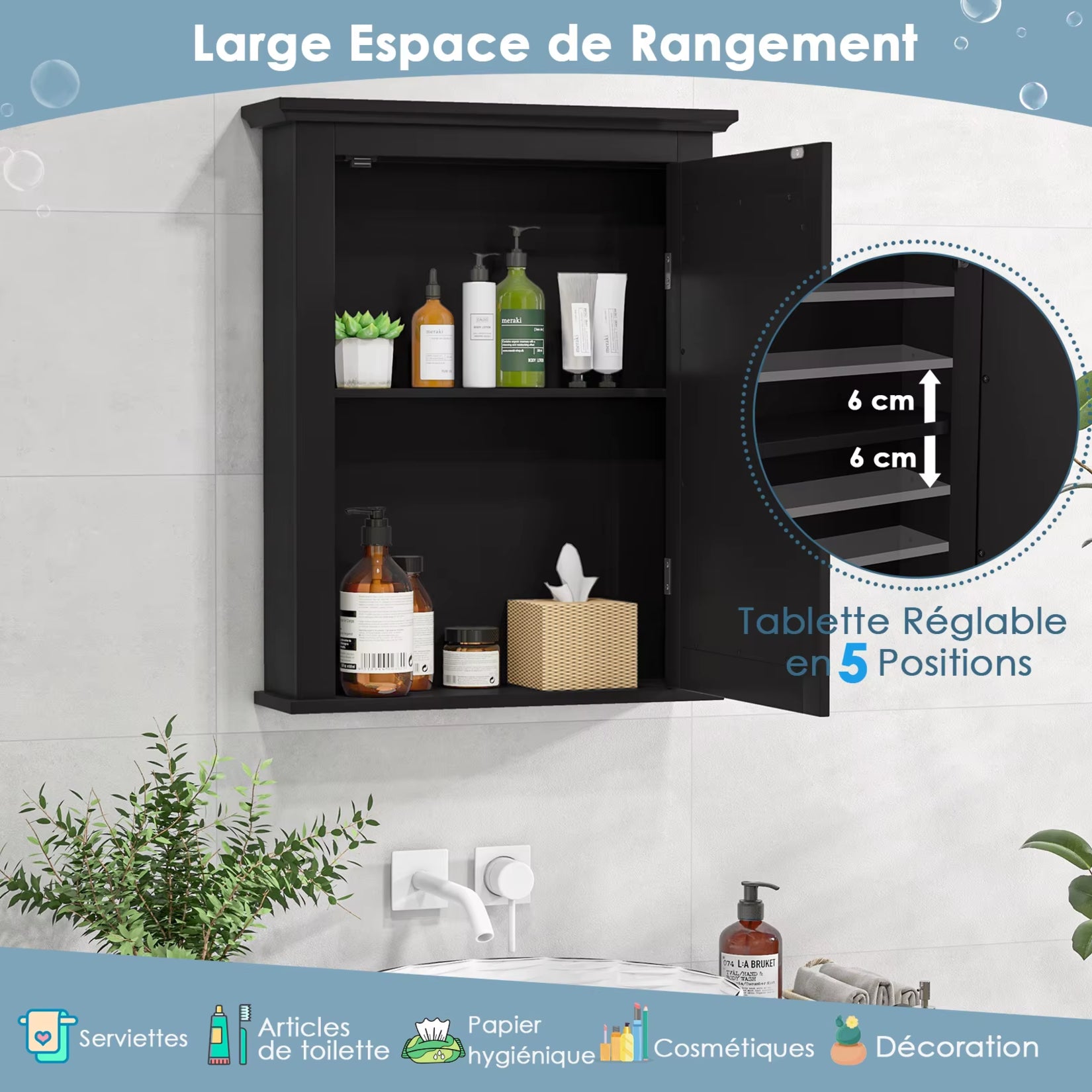 Intérieur de l'Armoire Miroir Salle de Bain Murale 56 cm avec étagères ajustables.