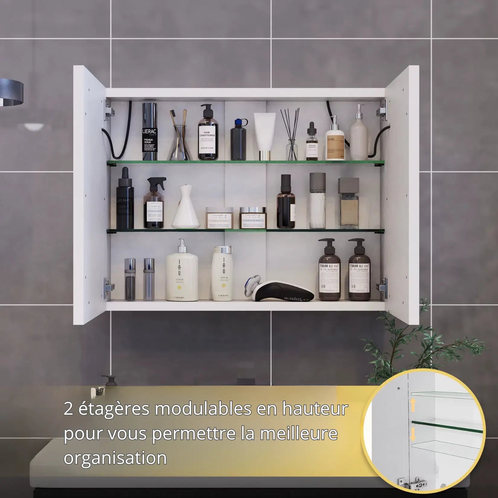 Armoire Miroir Salle de Bain Murale LED intérieur avec deux étagères modulables.