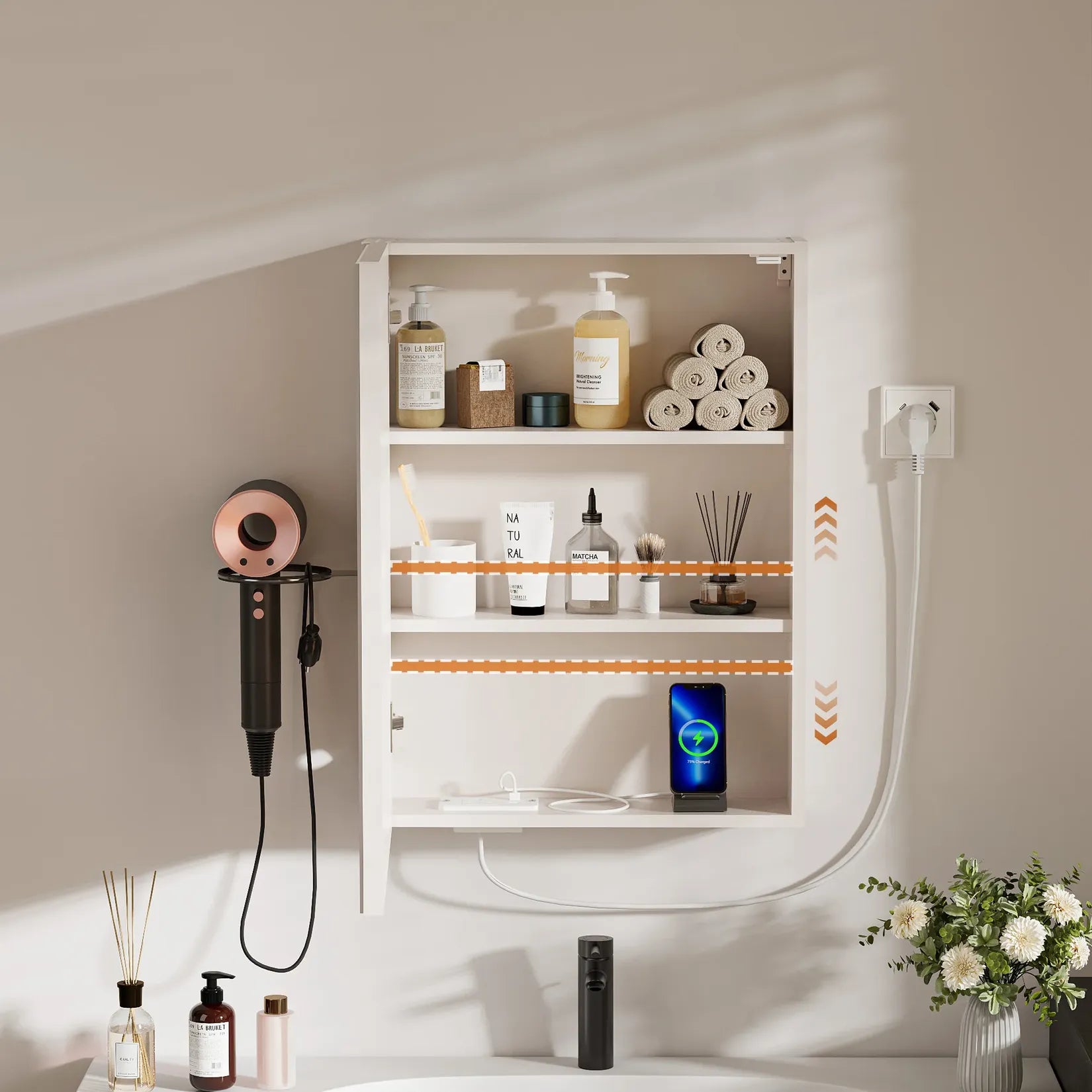 Armoire miroir salle de bain avec étagères réglables et rangement.