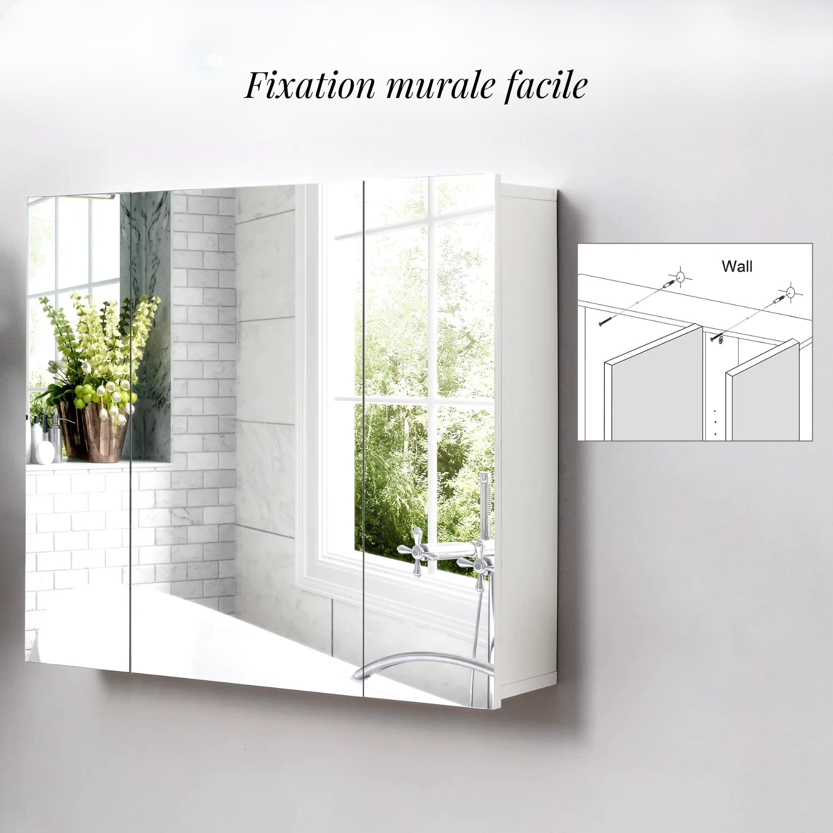 Armoire salle de bain fixée au mur avec schéma de fixation facile.