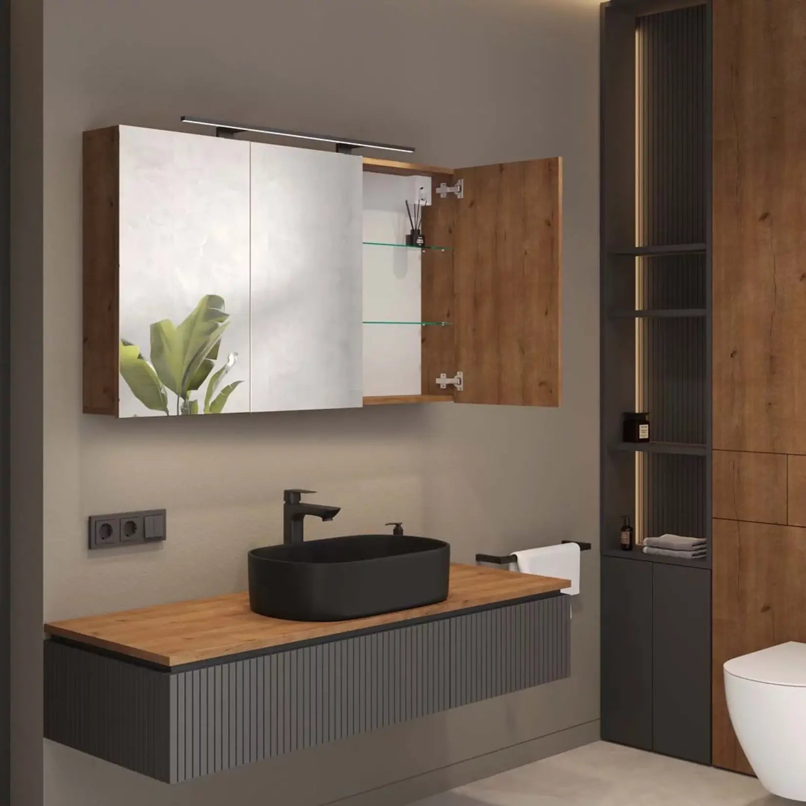 Armoire salle de bain miroir 120 cm ouverte vue de gauche avec éclairage LED intégré