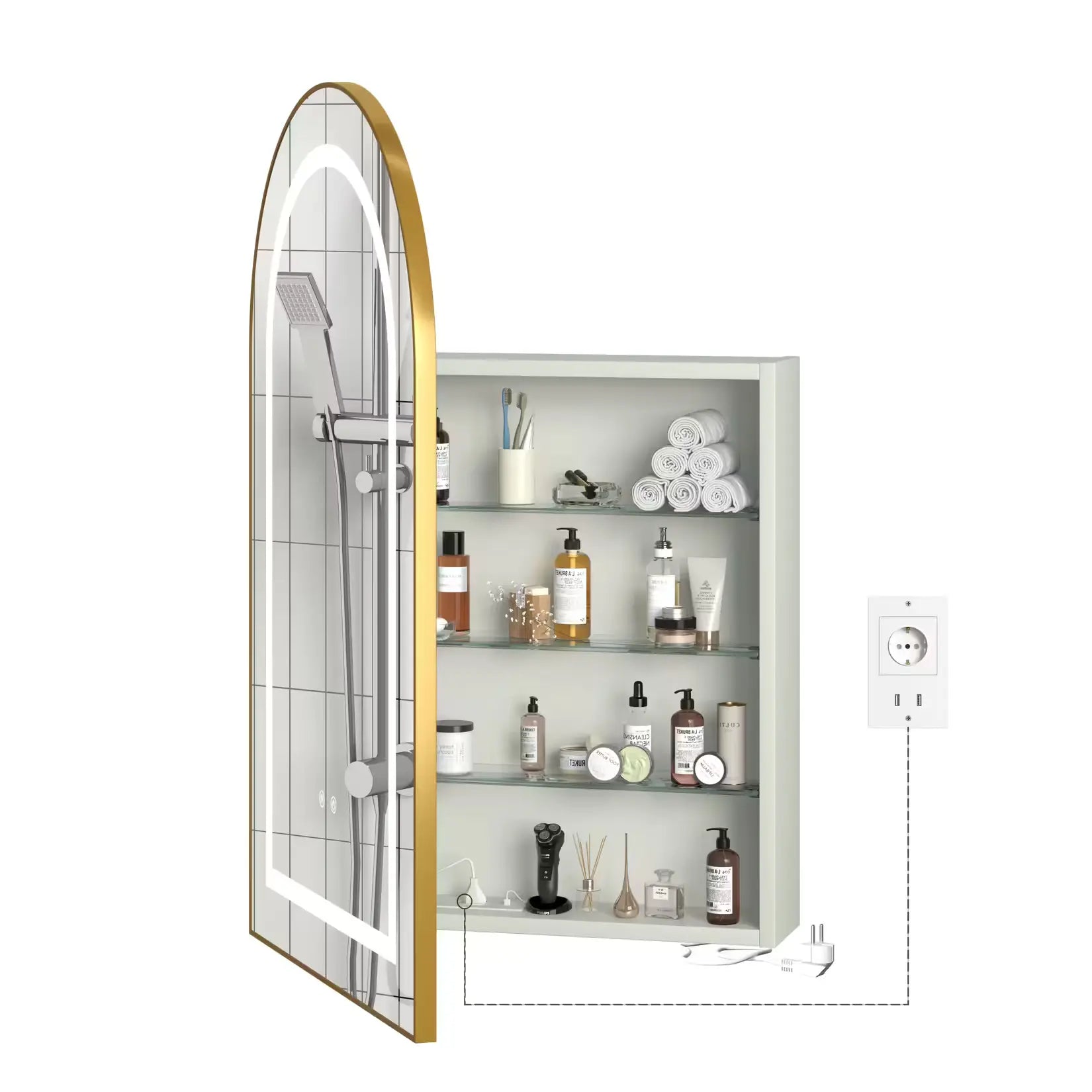 Intérieur de l’armoire miroir 50x80 cm – rangements pour flacons, soins et accessoires.