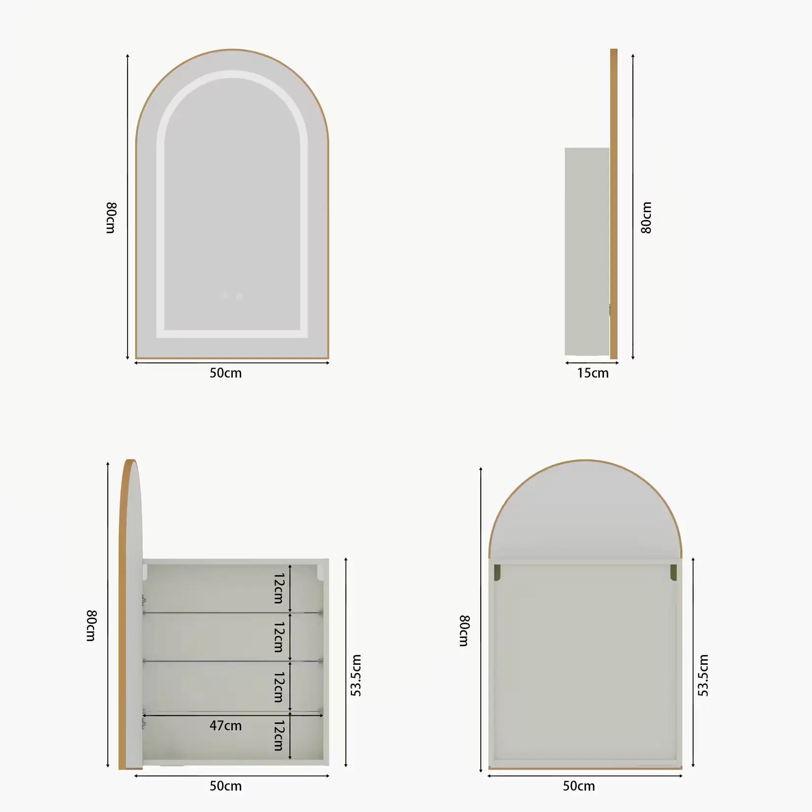Schéma technique du miroir salle de bain mural 50x80 cm – profondeur 15 cm.