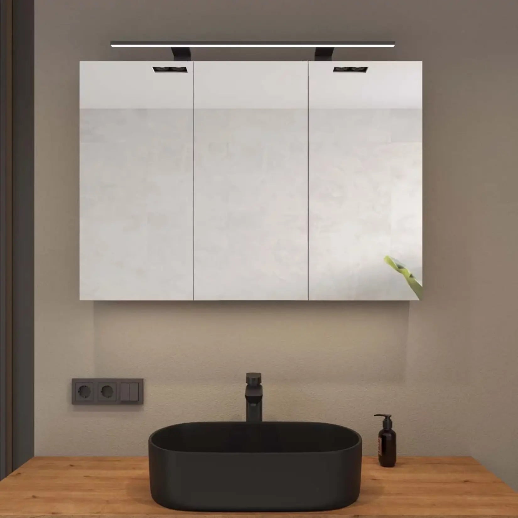 Armoire Salle de Bain Miroir Blanc Gris de 100 cm avec Éclairage LED et Trois Portes.