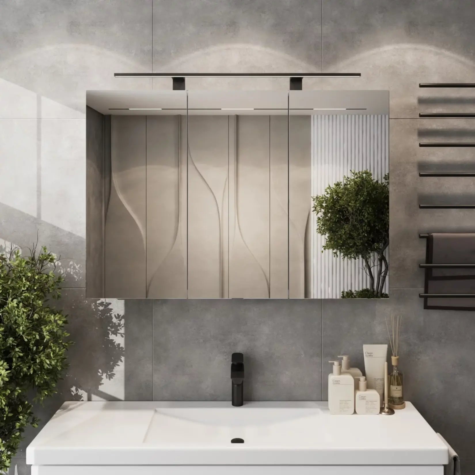 Armoire Salle de Bain Miroir Gris Anthracite de 100 cm avec Éclairage LED et Design Moderne.